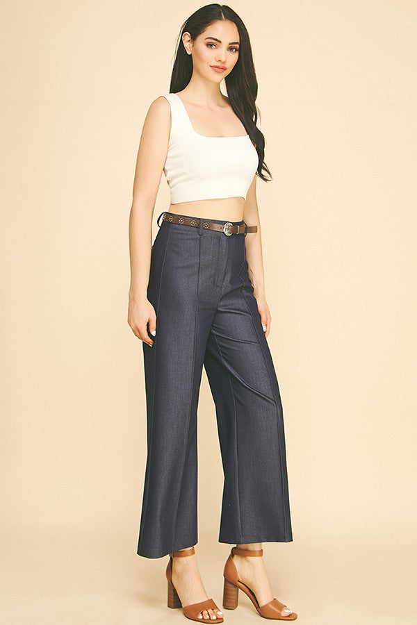 Denim Brown Studded Leather Belted Wide Leg Trousers