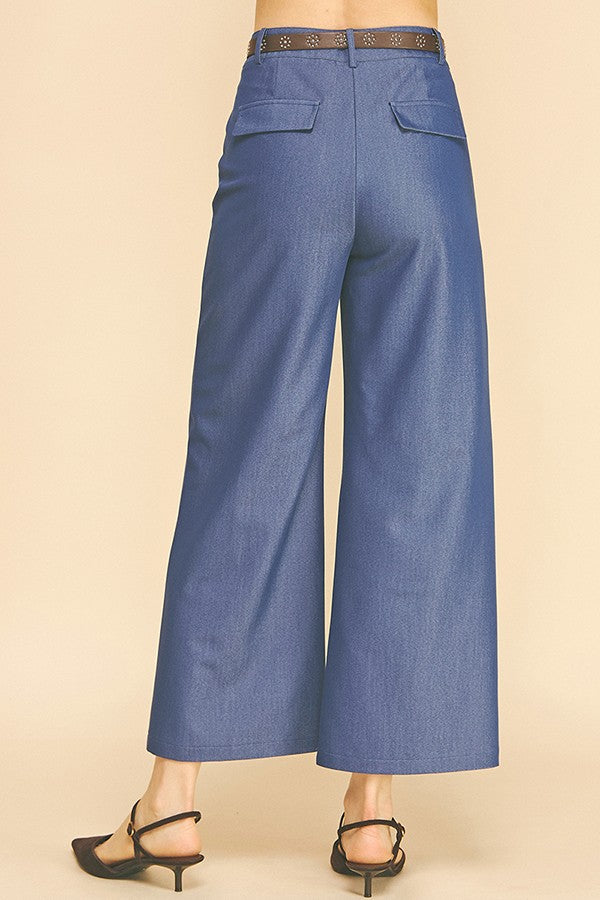 Denim Brown Studded Leather Belted Wide Leg Trousers