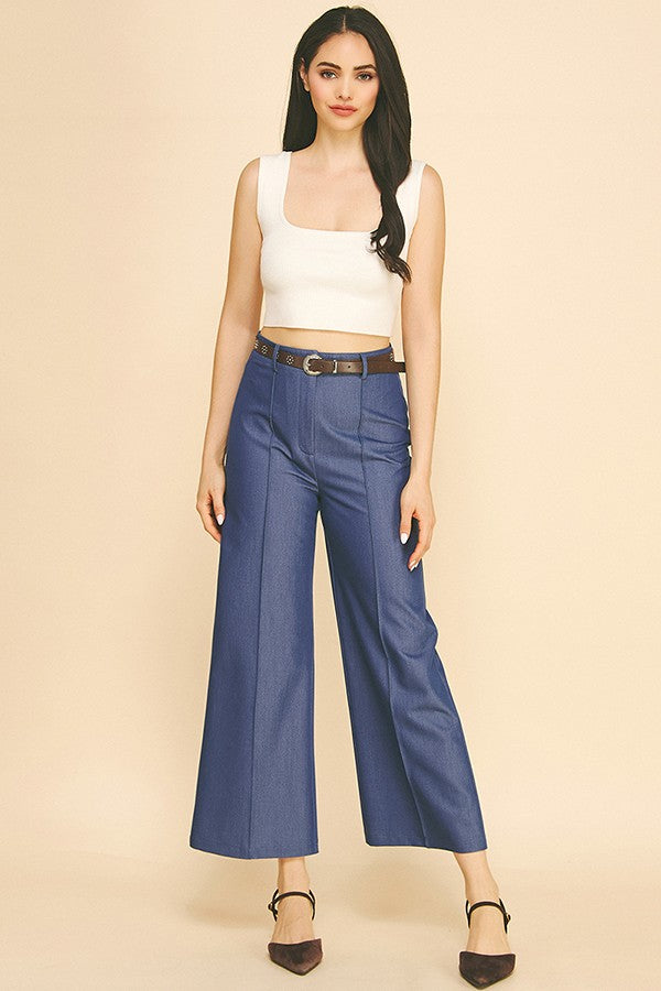 Denim Brown Studded Leather Belted Wide Leg Trousers