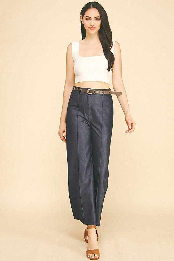 Denim Brown Studded Leather Belted Wide Leg Trousers