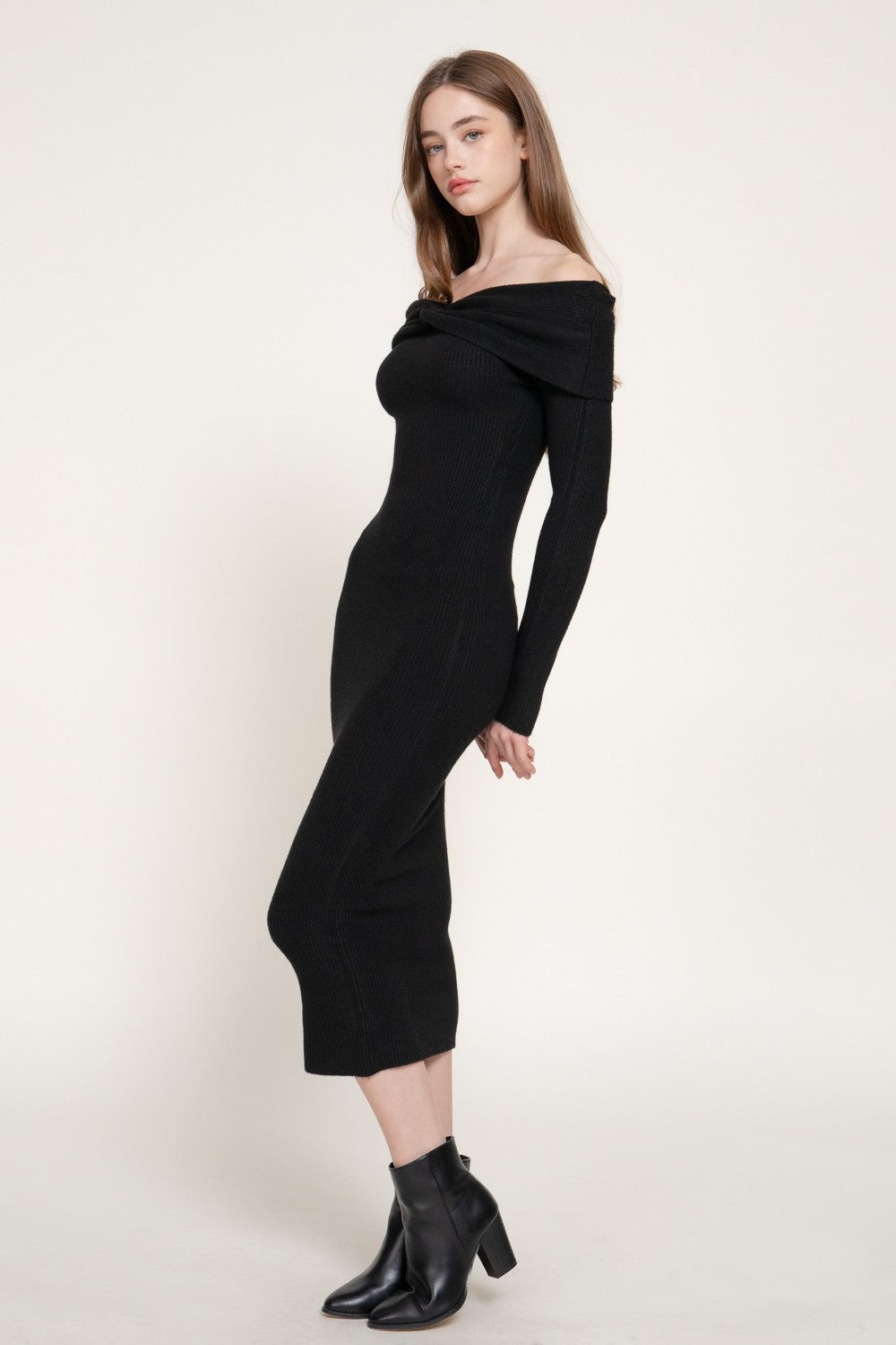 Off The Shoulder Knot Fitted Long Sweater Dress