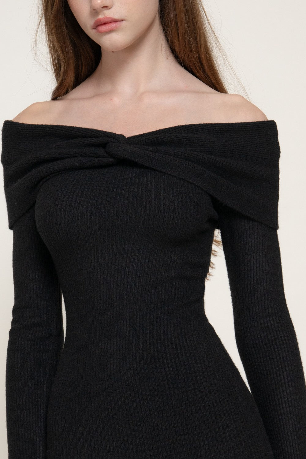 Off The Shoulder Knot Fitted Long Sweater Dress