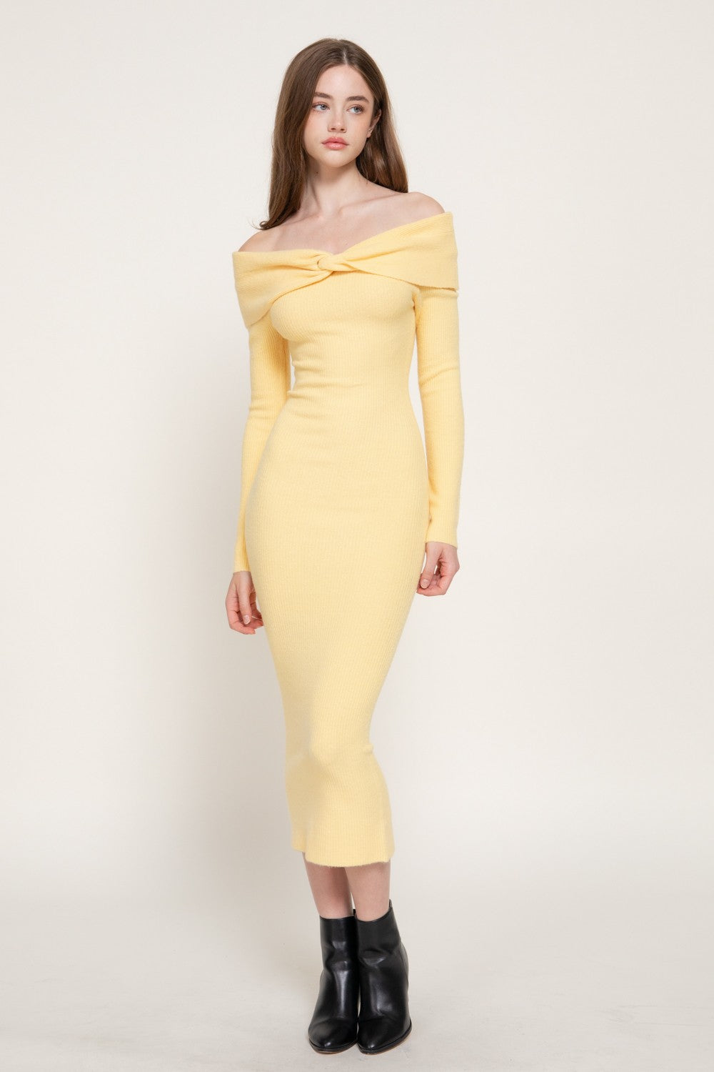 Off The Shoulder Knot Fitted Long Sweater Dress