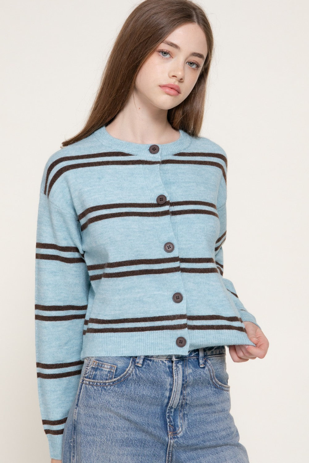 Long Slv Striped Sweater Cardigan