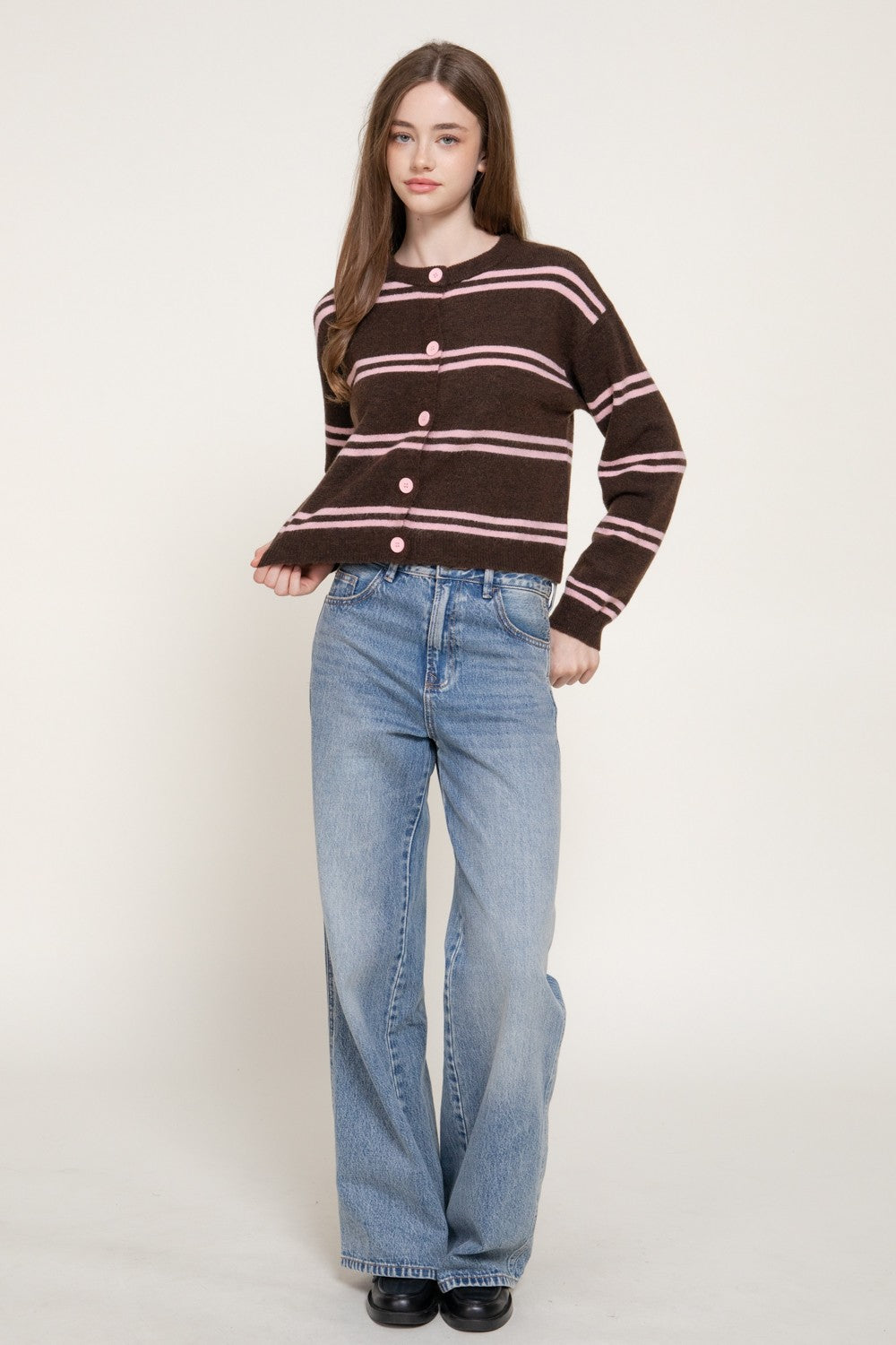 Long Slv Striped Sweater Cardigan