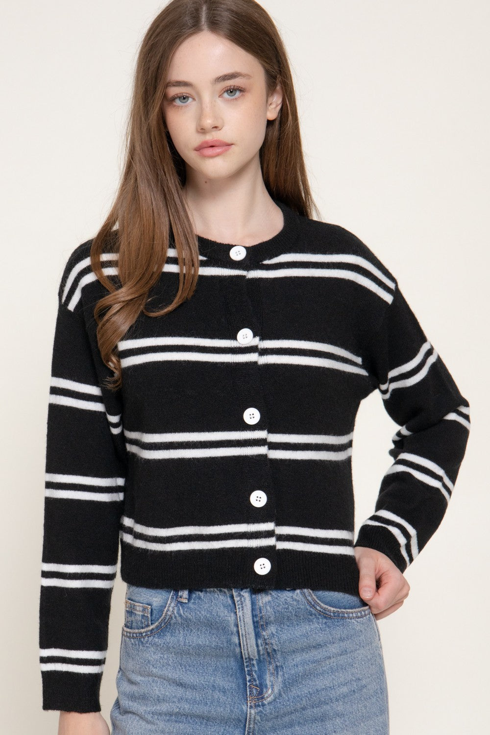 Long Slv Striped Sweater Cardigan