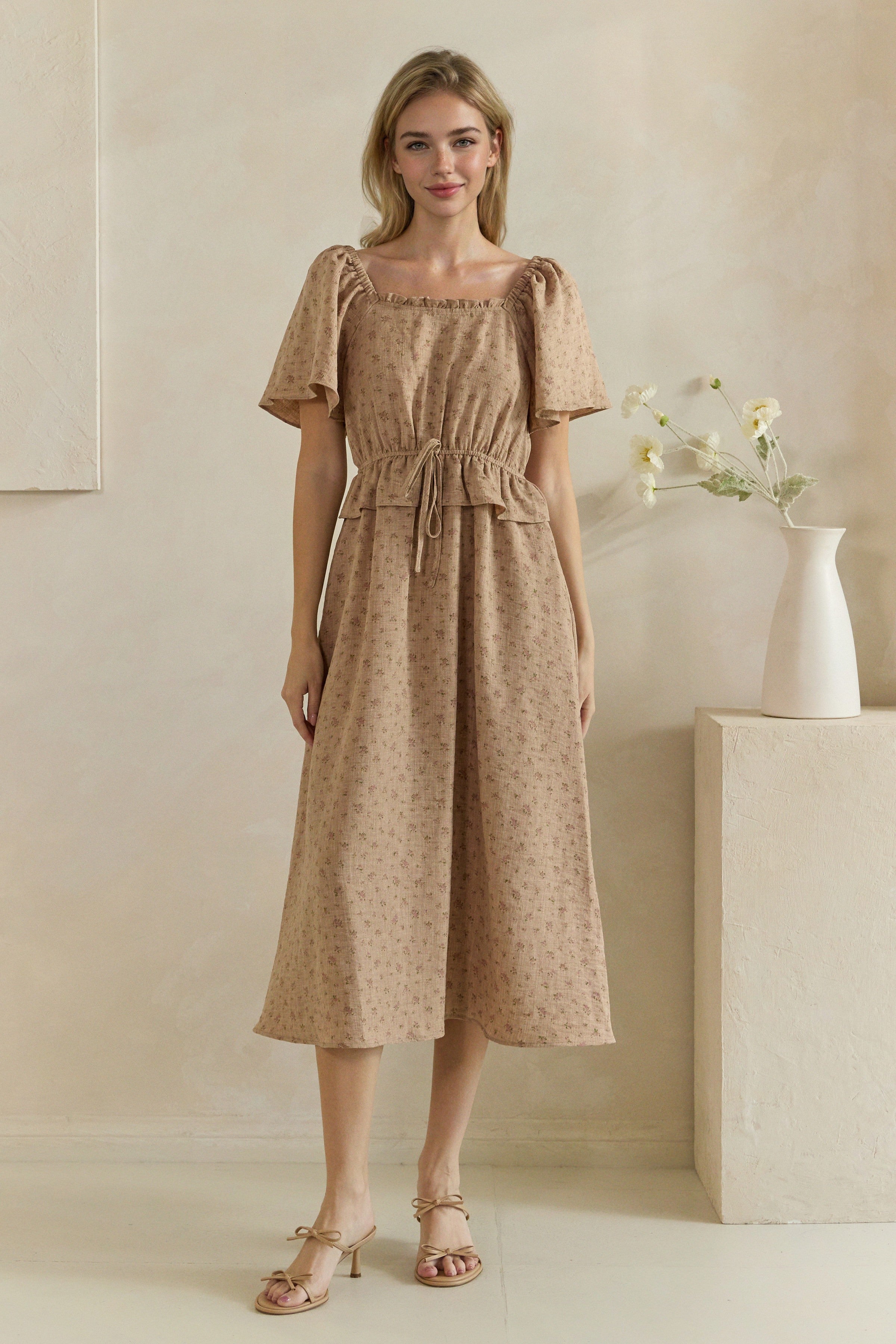 Ditsy Floral Ruffle Tie Waist Midi Dress