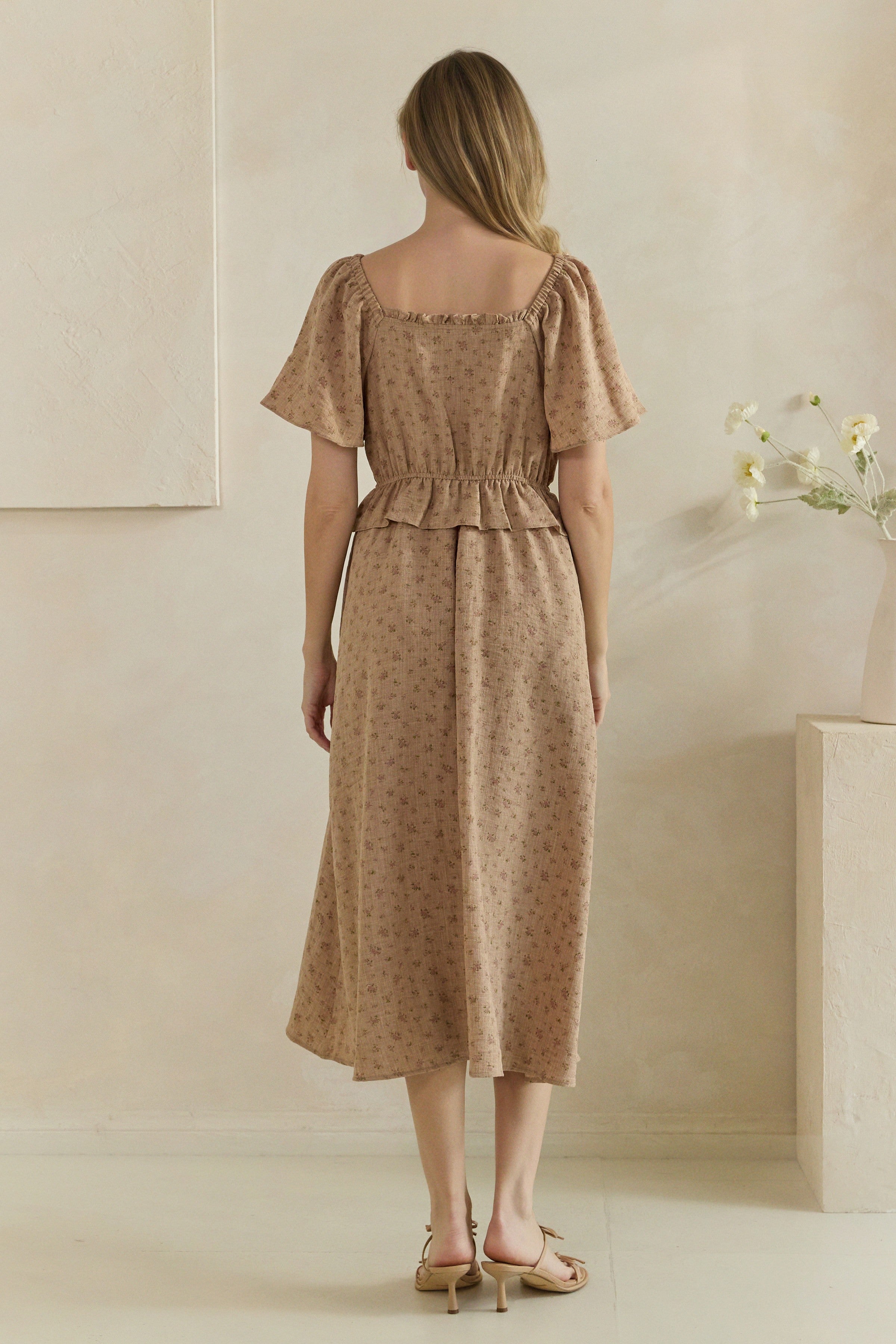 Ditsy Floral Ruffle Tie Waist Midi Dress