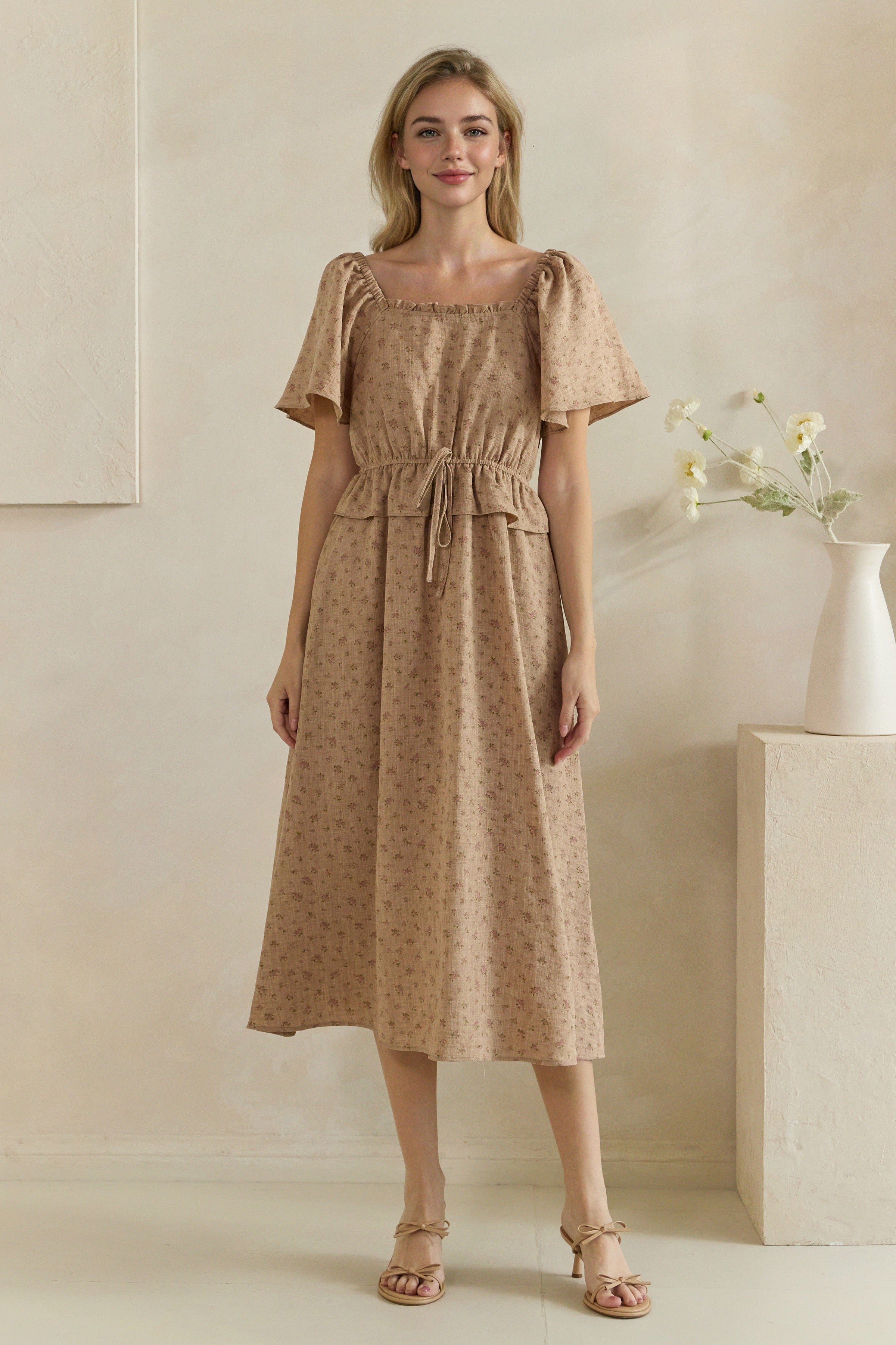 Ditsy Floral Ruffle Tie Waist Midi Dress