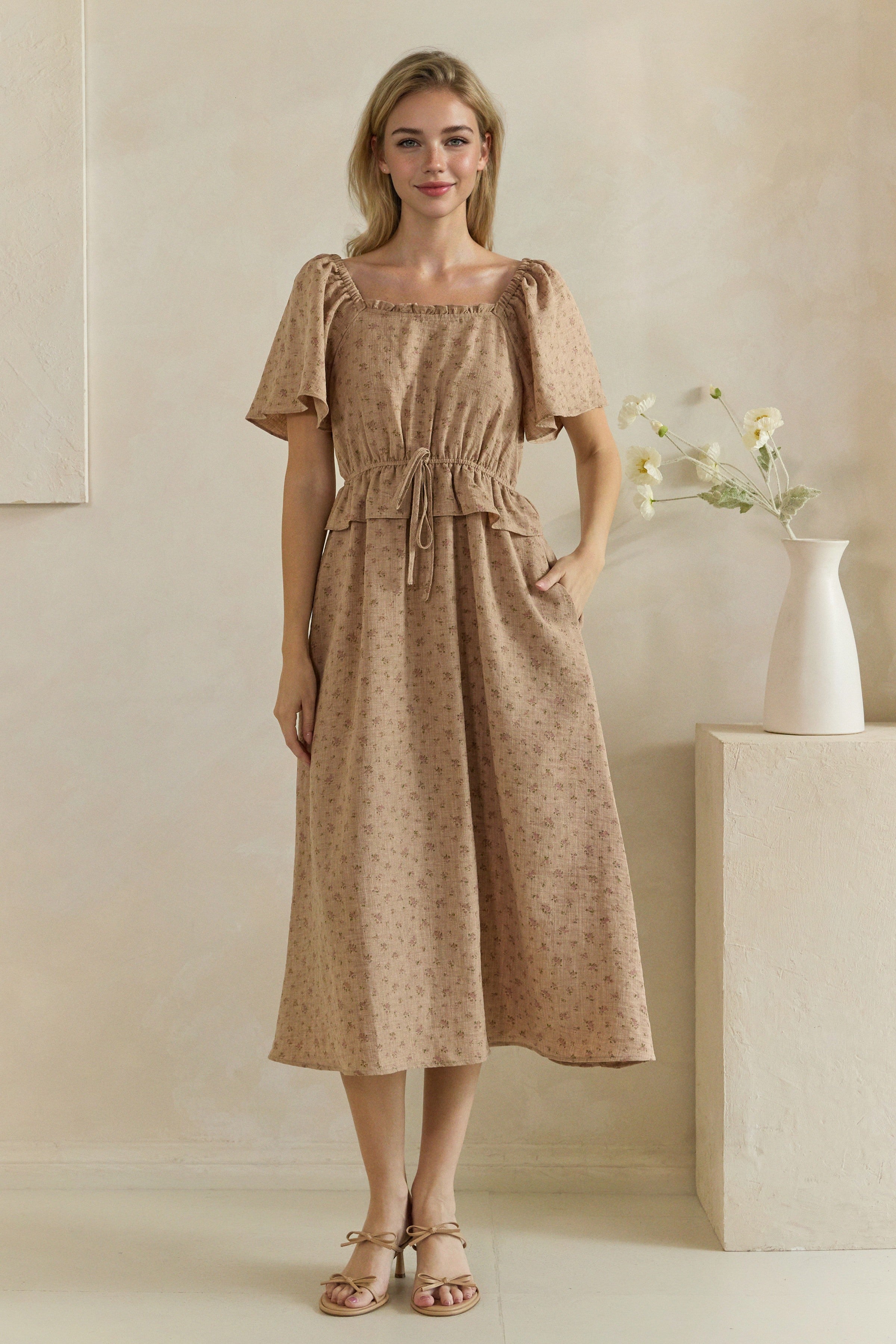 Ditsy Floral Ruffle Tie Waist Midi Dress