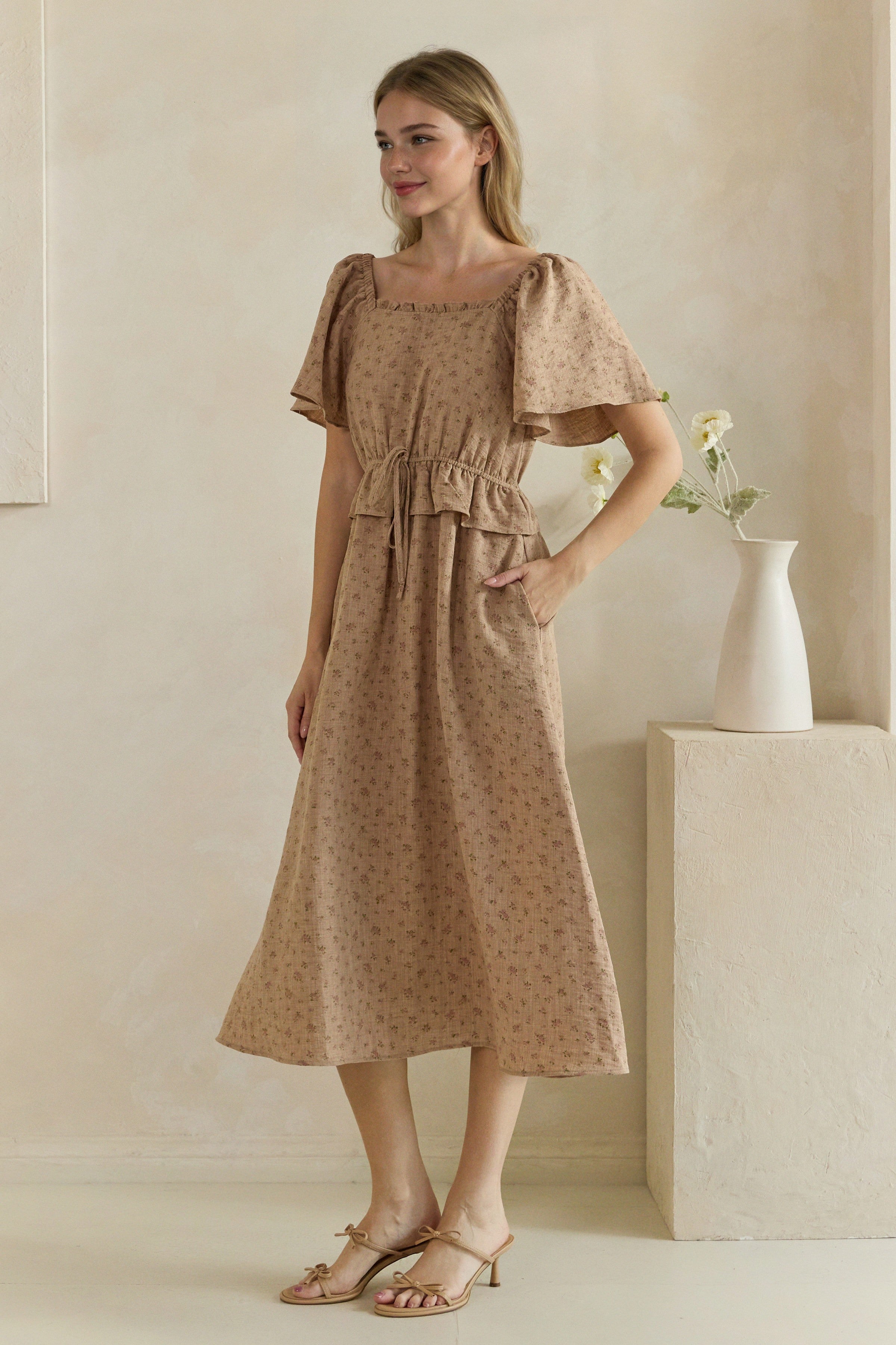 Ditsy Floral Ruffle Tie Waist Midi Dress