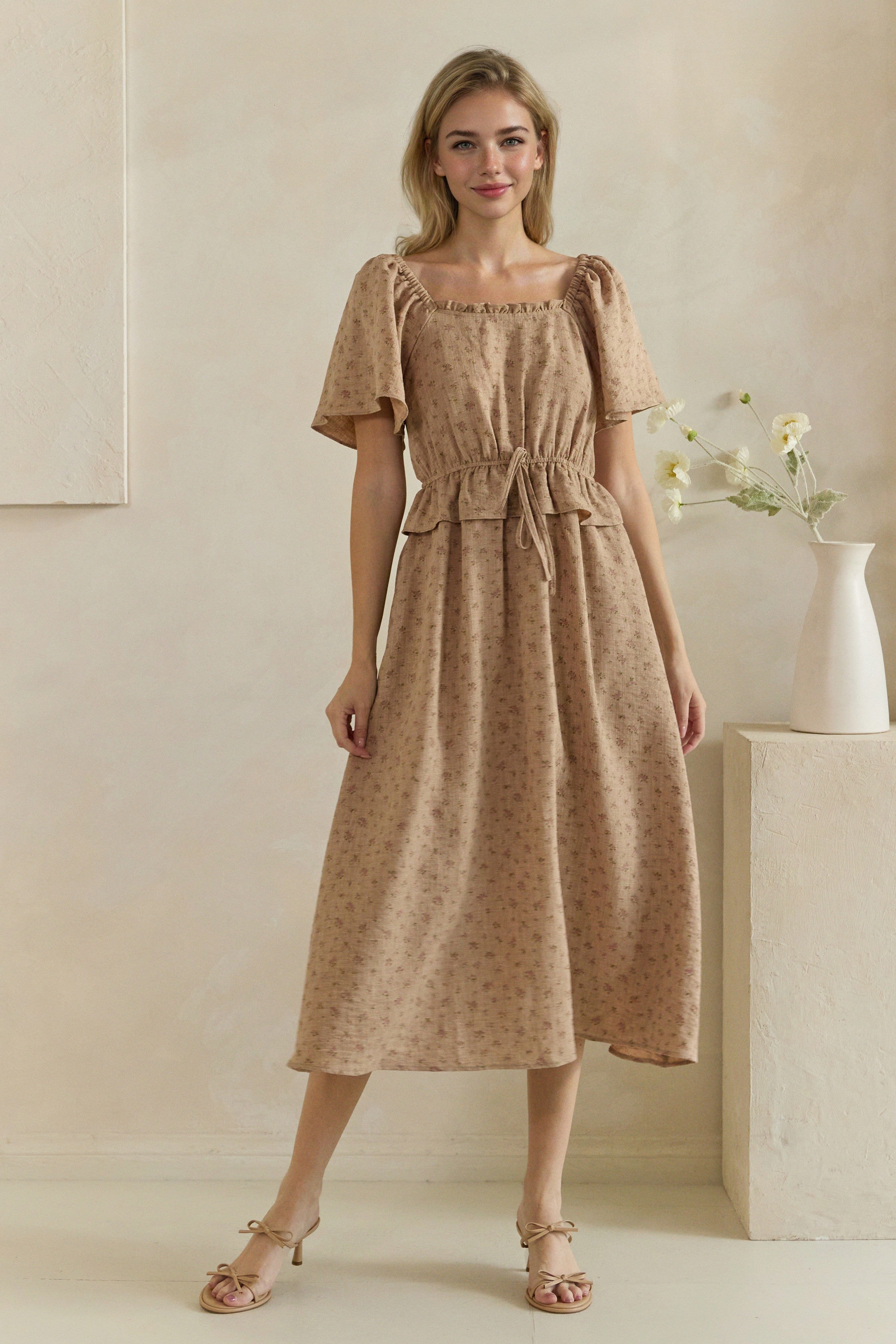 Ditsy Floral Ruffle Tie Waist Midi Dress