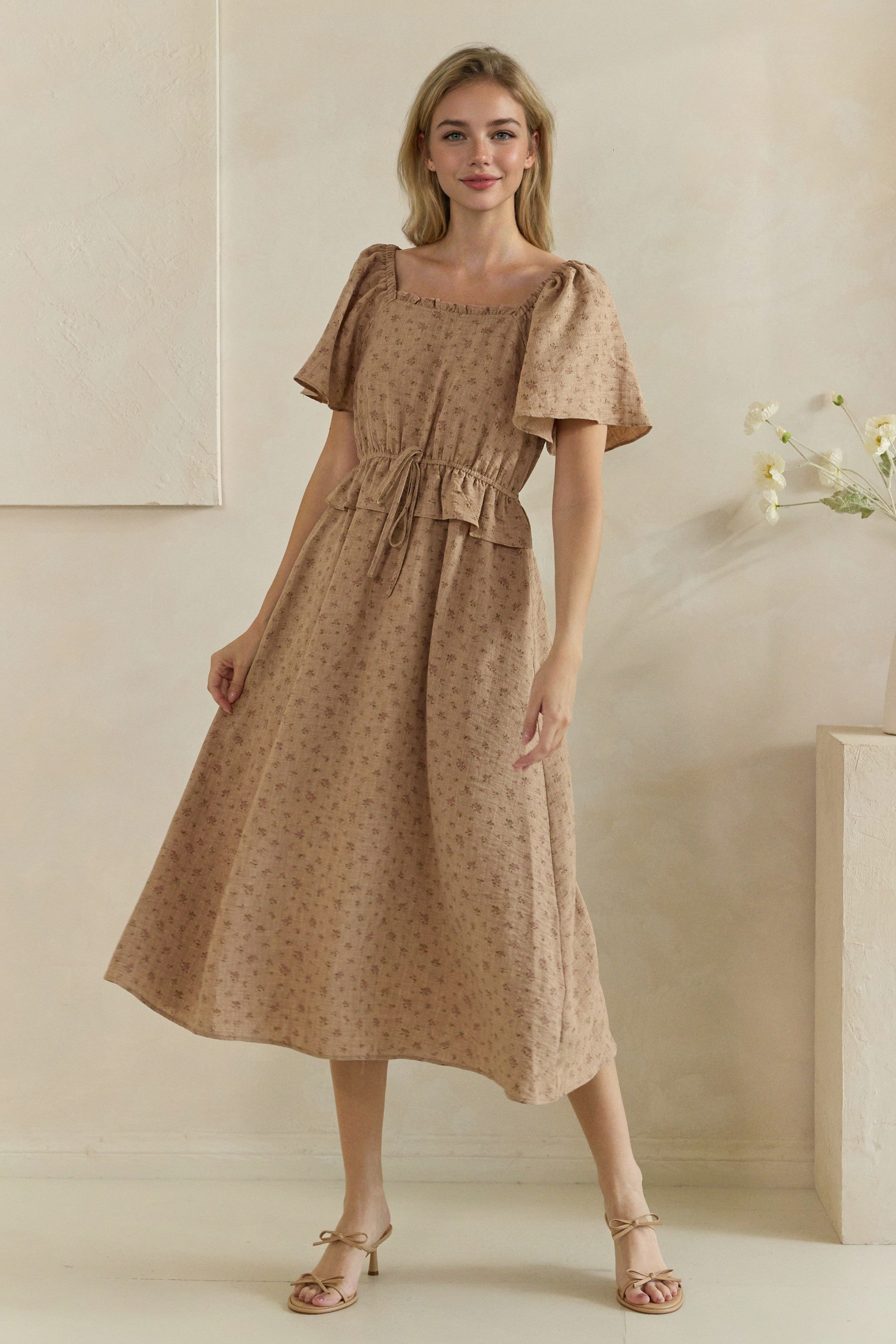Ditsy Floral Ruffle Tie Waist Midi Dress