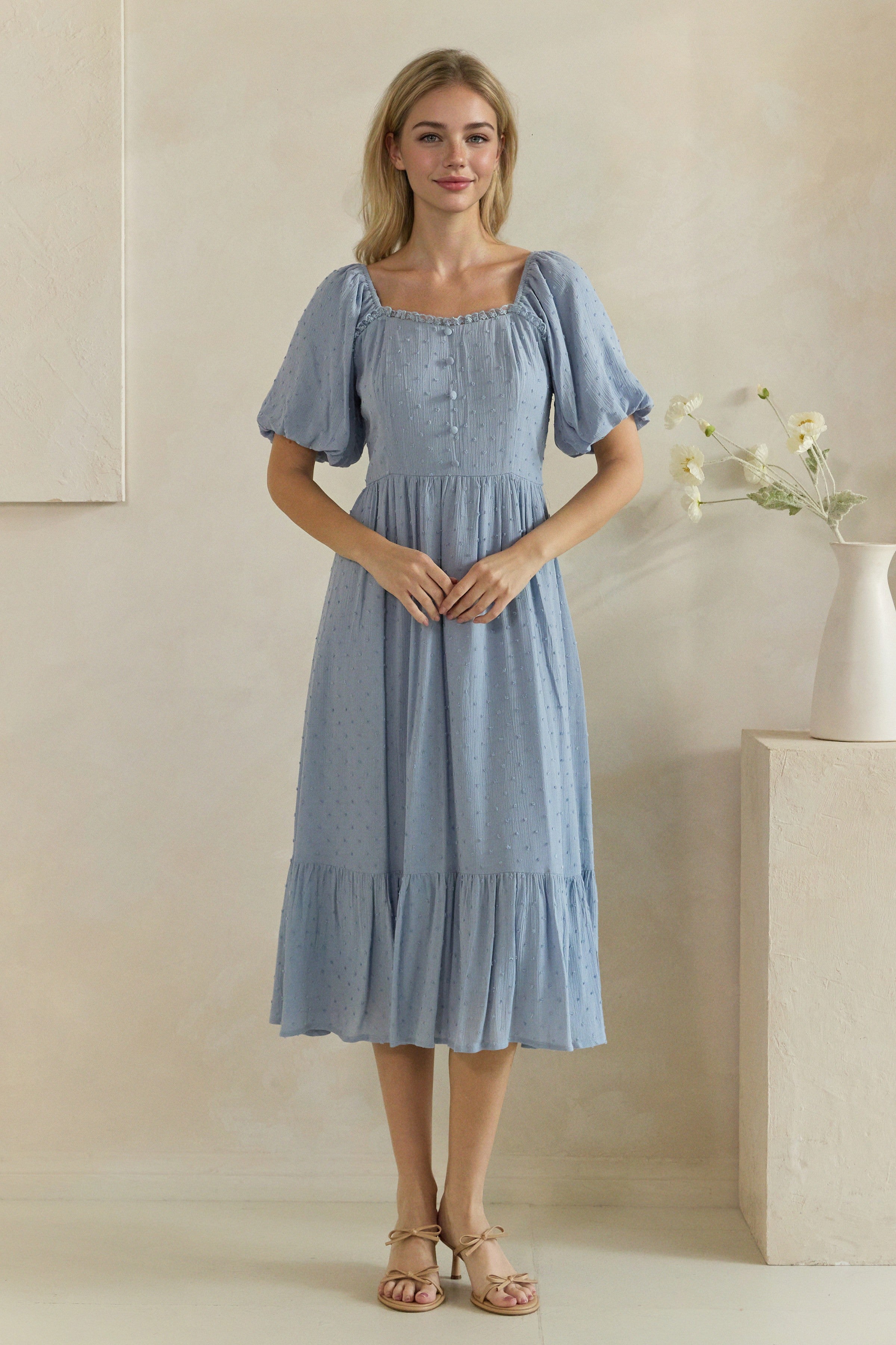 Swiss Dot Puff Sleeve Button Front Midi Dress