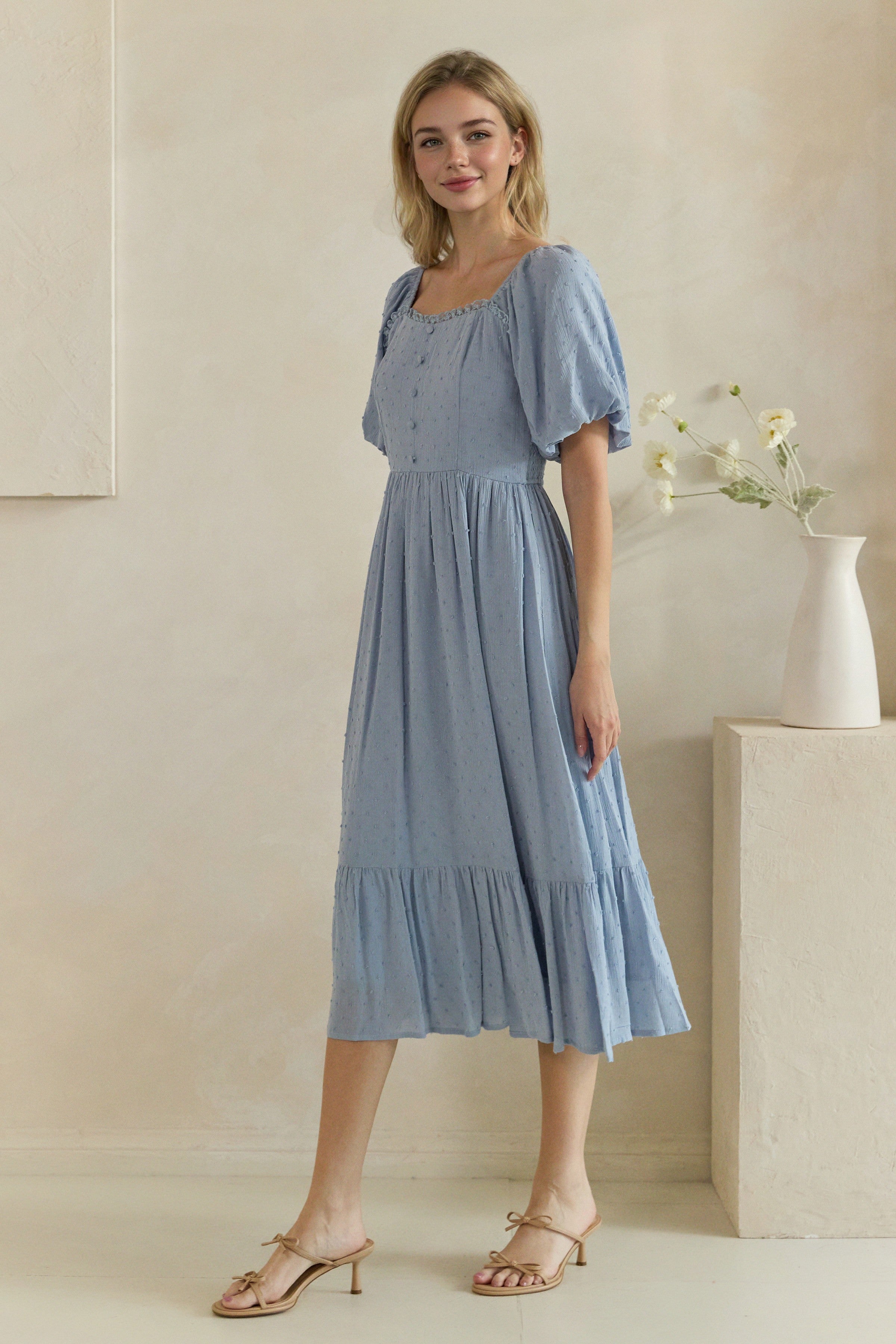 Swiss Dot Puff Sleeve Button Front Midi Dress