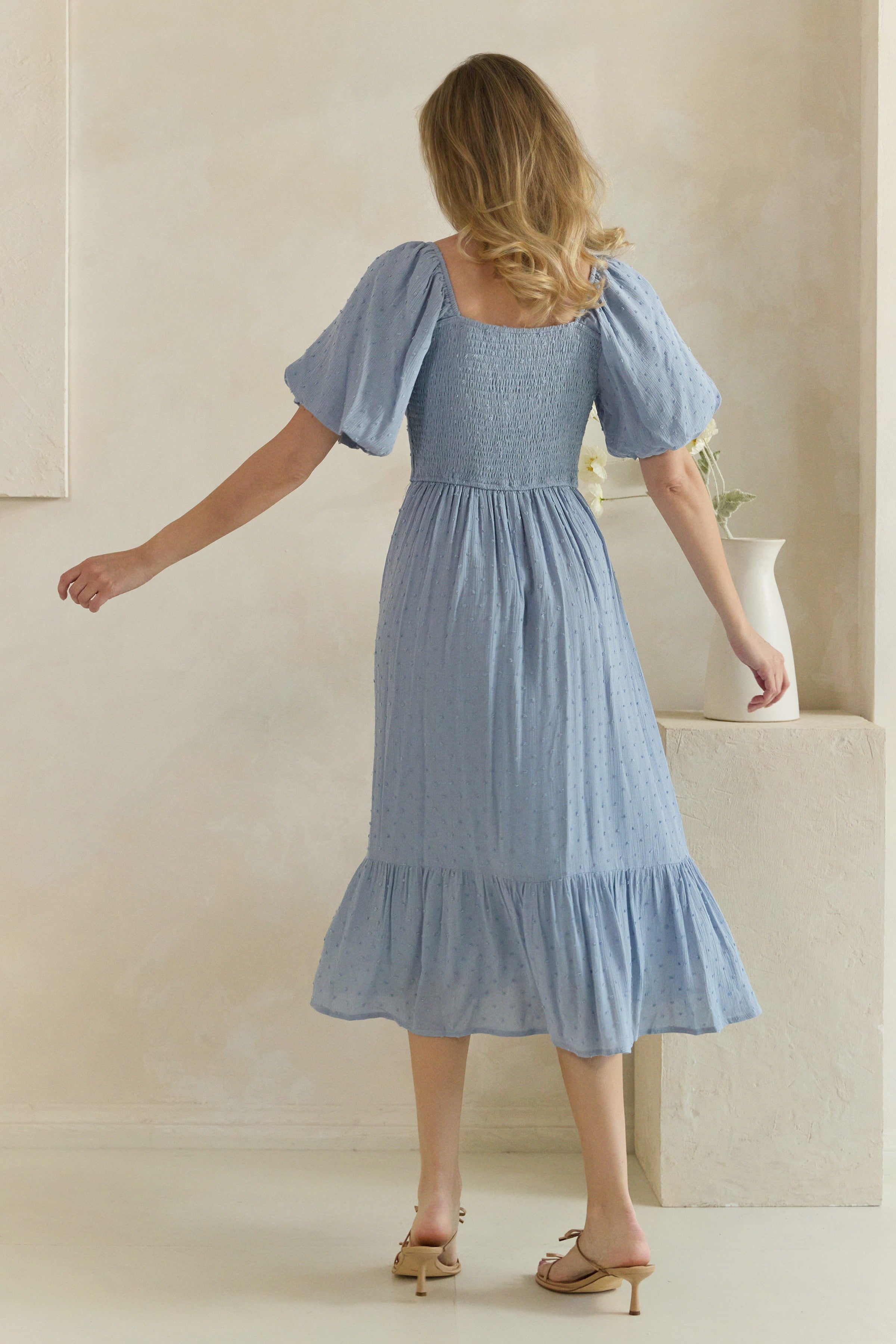 Swiss Dot Puff Sleeve Button Front Midi Dress
