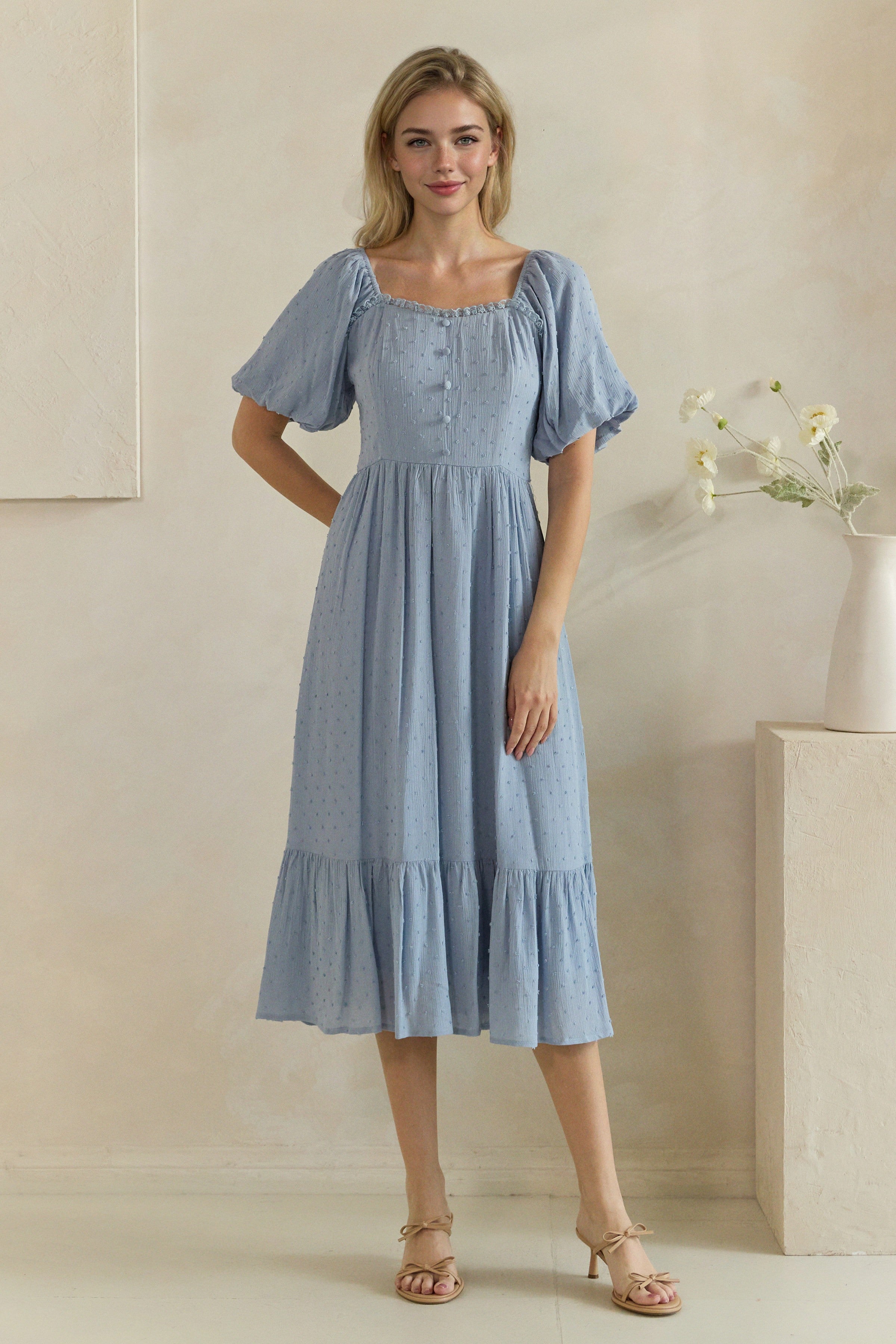 Swiss Dot Puff Sleeve Button Front Midi Dress