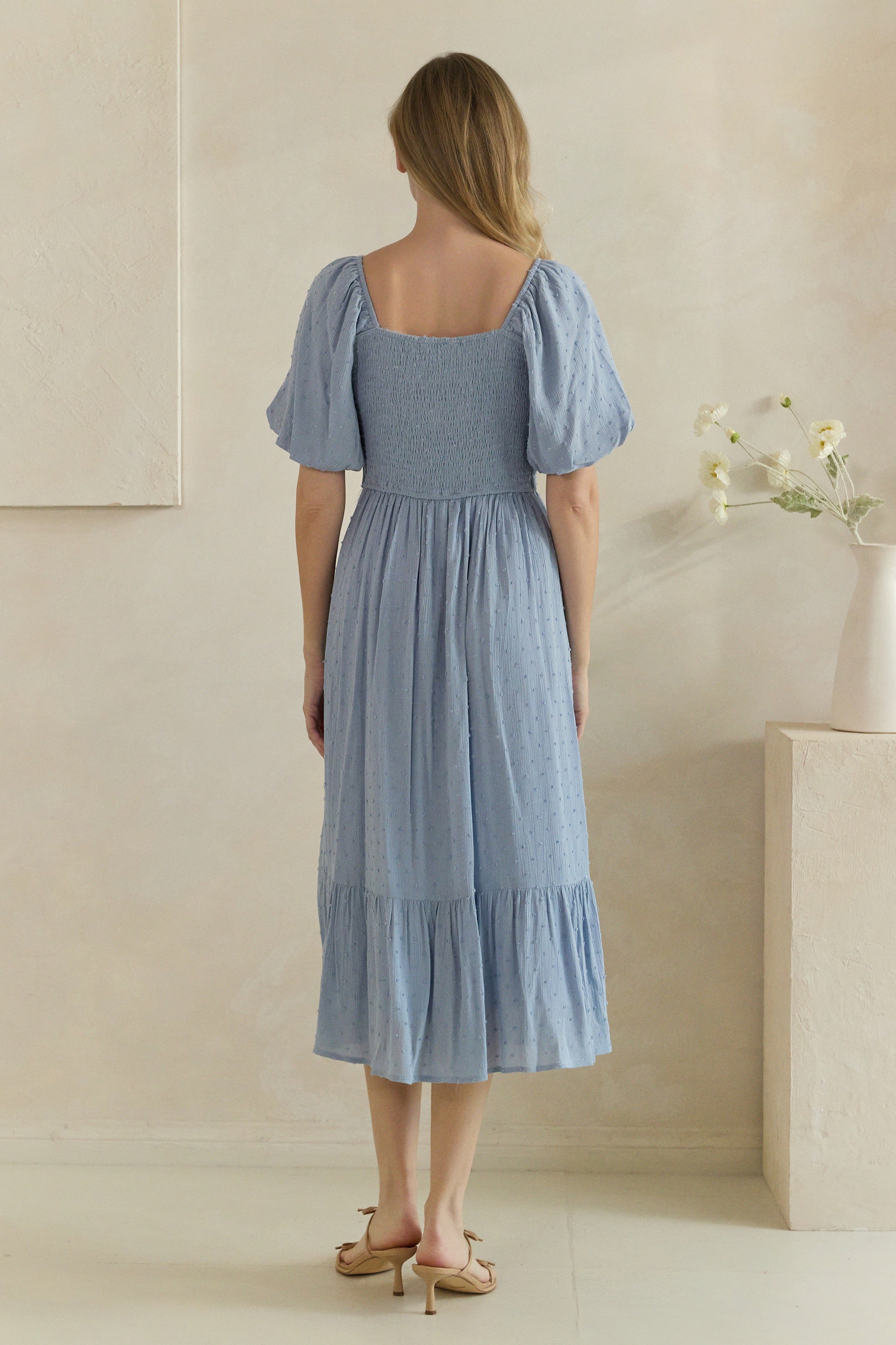 Swiss Dot Puff Sleeve Button Front Midi Dress
