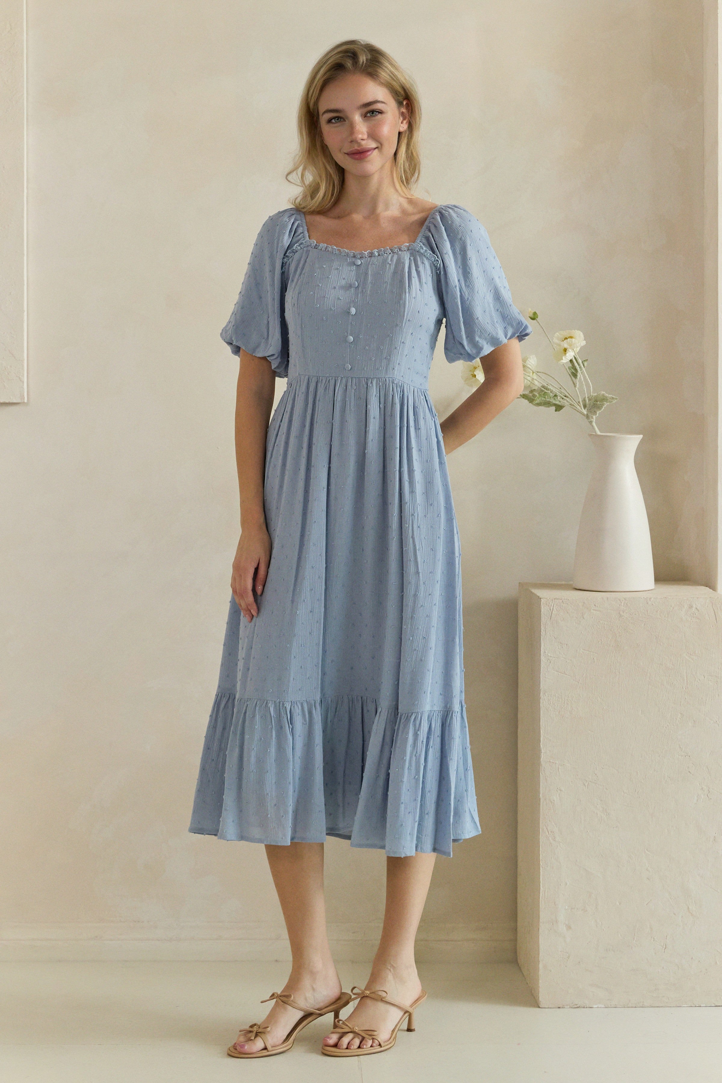 Swiss Dot Puff Sleeve Button Front Midi Dress