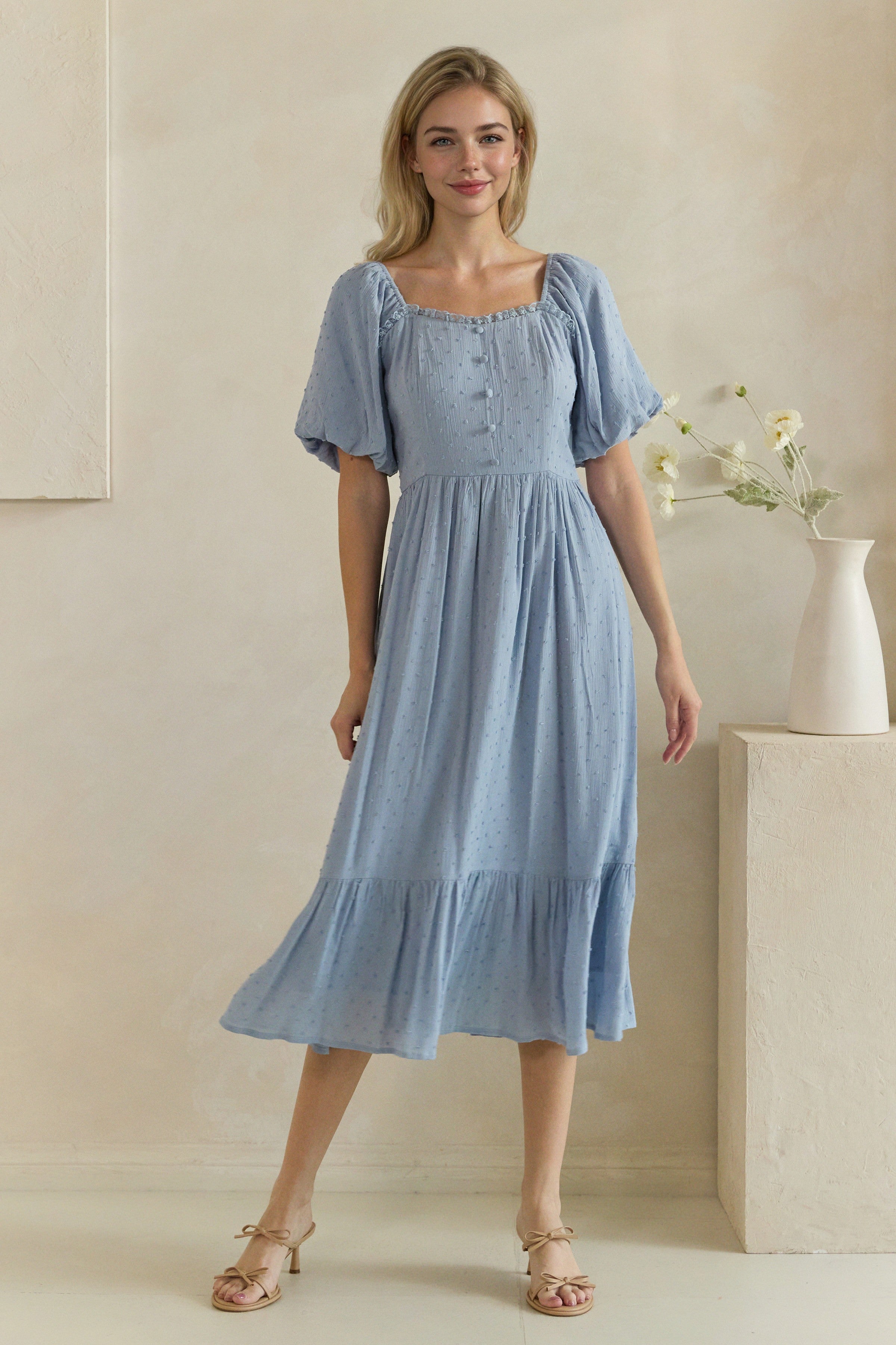 Swiss Dot Puff Sleeve Button Front Midi Dress