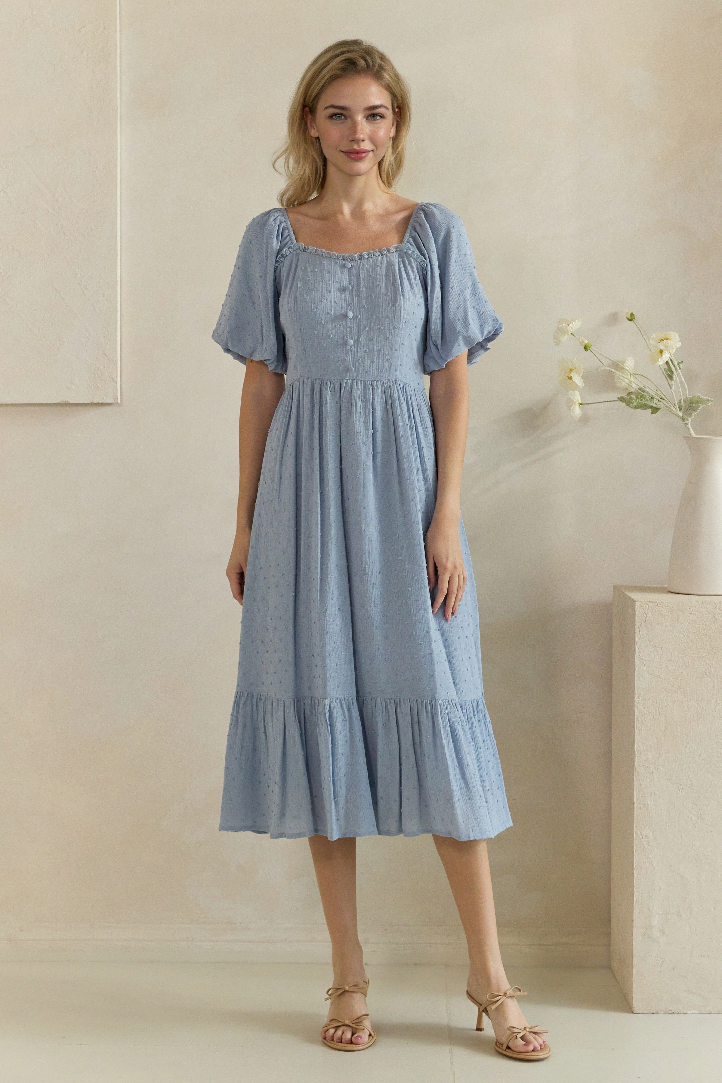 Swiss Dot Puff Sleeve Button Front Midi Dress