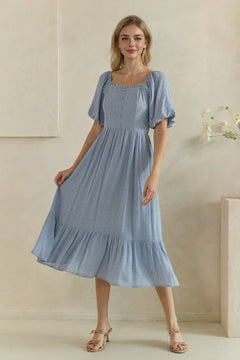 Swiss Dot Puff Sleeve Button Front Midi Dress