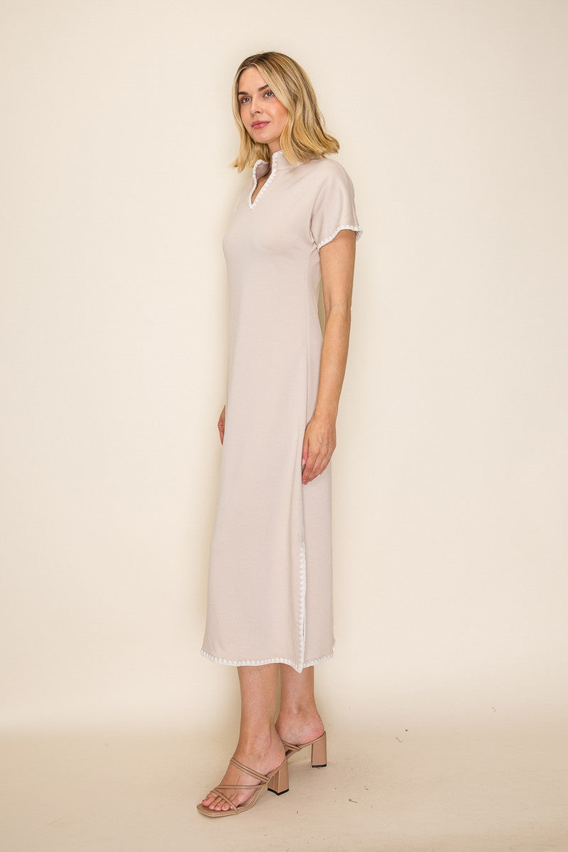 Contrast Stitch Trim A Line Knit Midi Dress