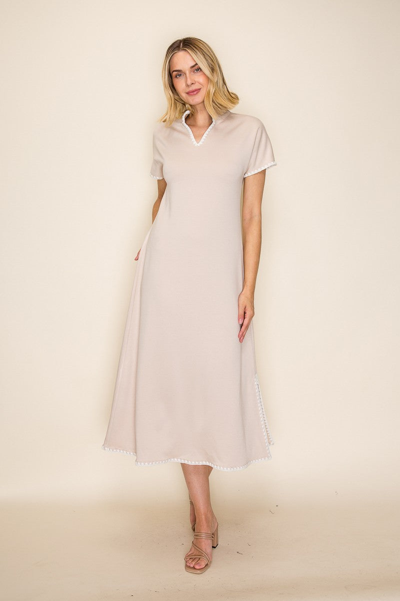 Contrast Stitch Trim A Line Knit Midi Dress