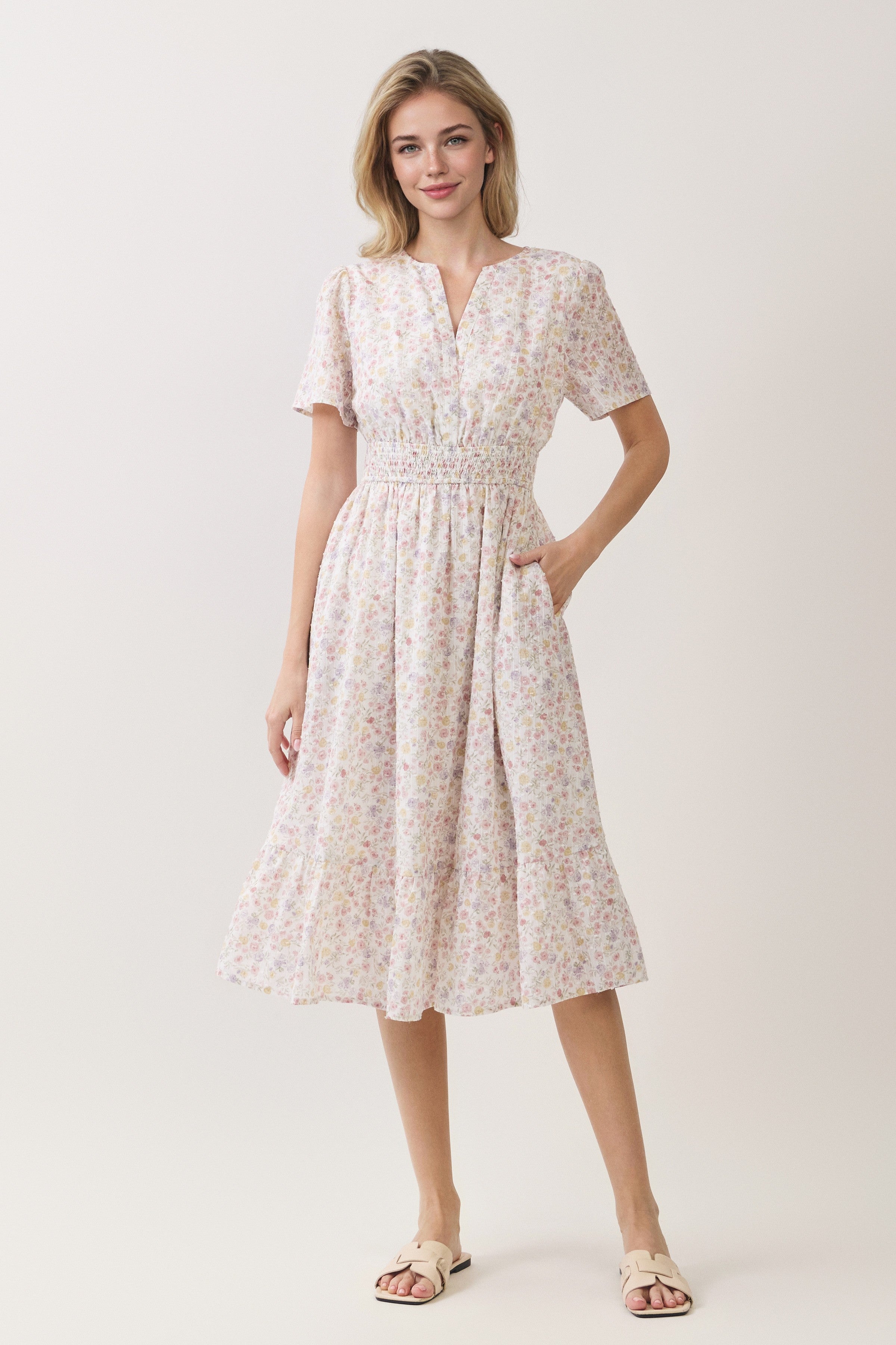 Ditsy Floral Smocked Waist Ruffle Hem Midi Dress