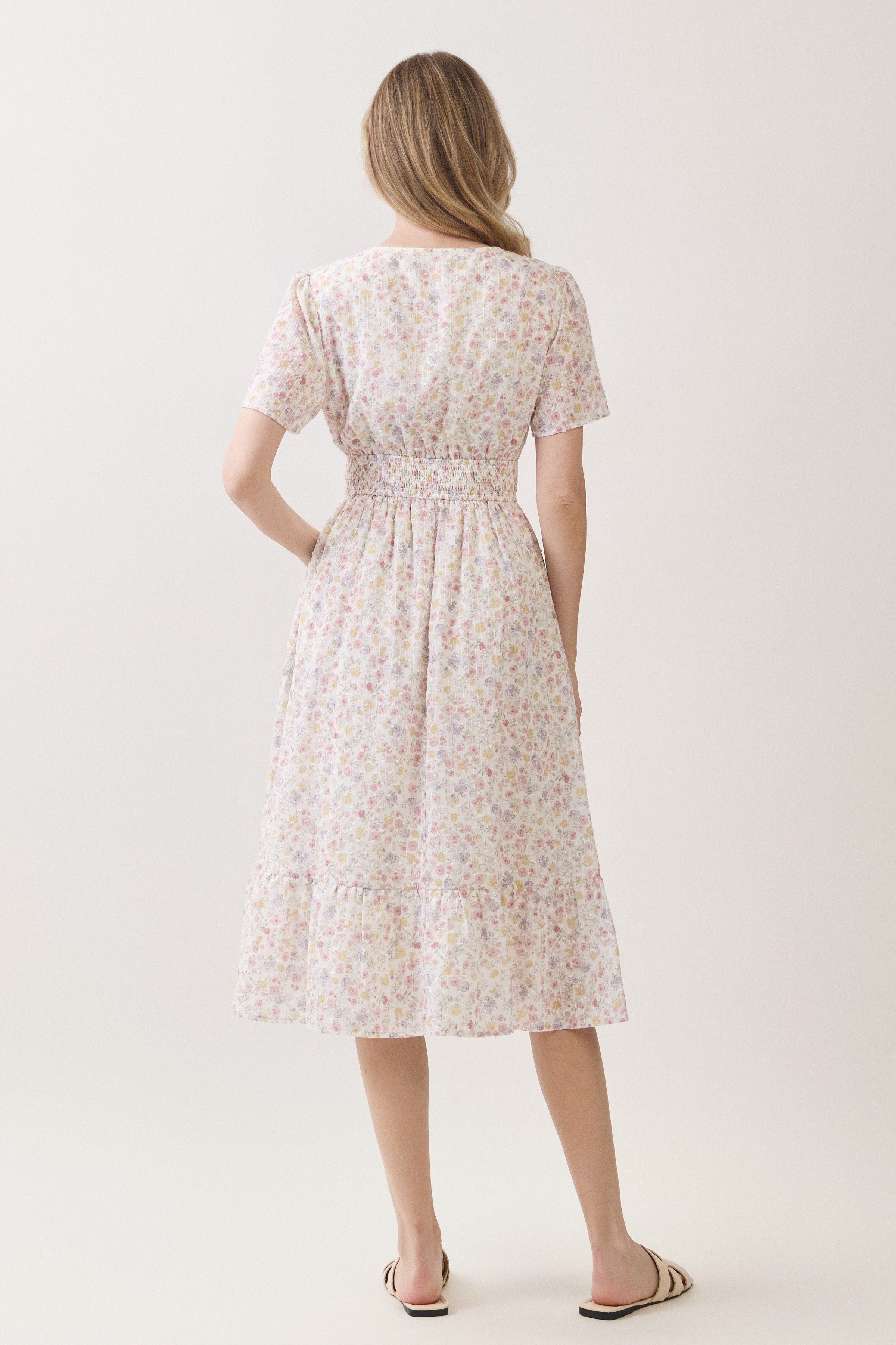 Ditsy Floral Smocked Waist Ruffle Hem Midi Dress