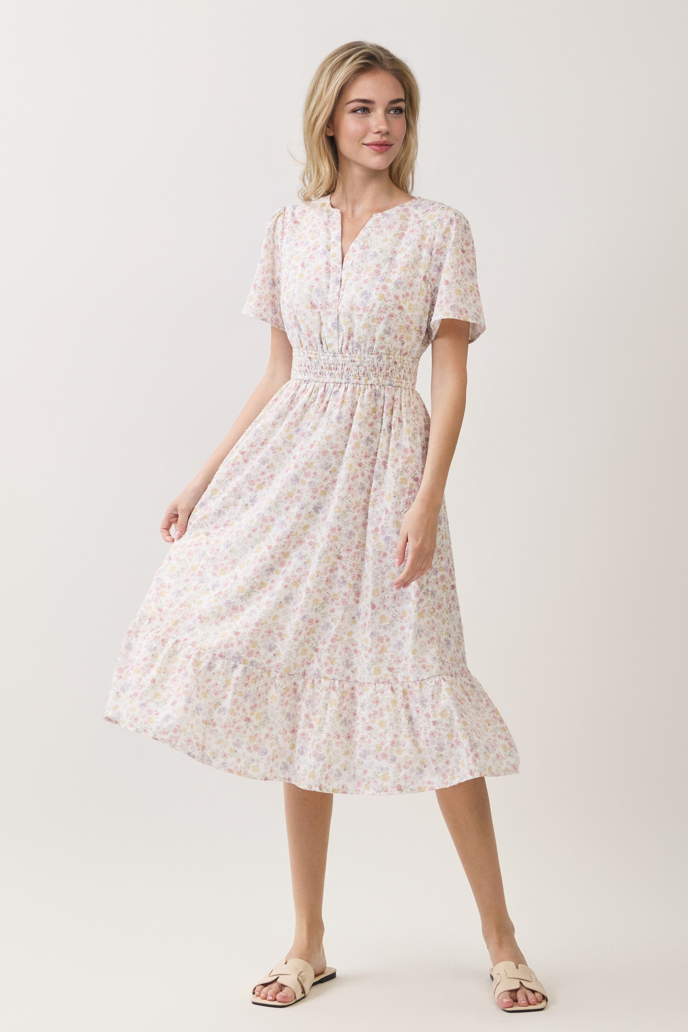 Ditsy Floral Smocked Waist Ruffle Hem Midi Dress