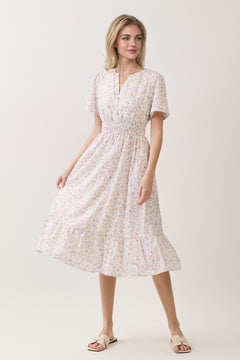 Ditsy Floral Smocked Waist Ruffle Hem Midi Dress
