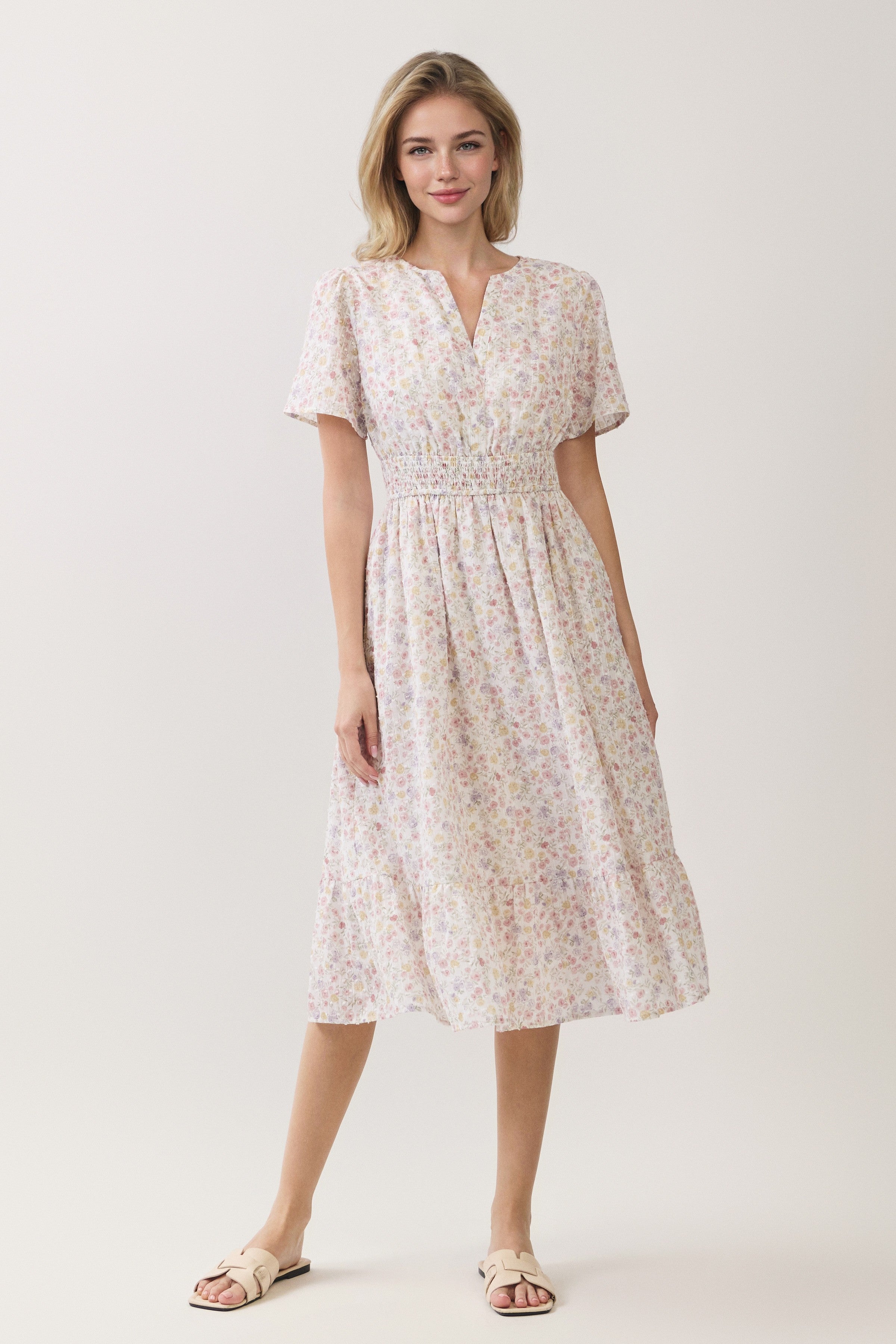 Ditsy Floral Smocked Waist Ruffle Hem Midi Dress
