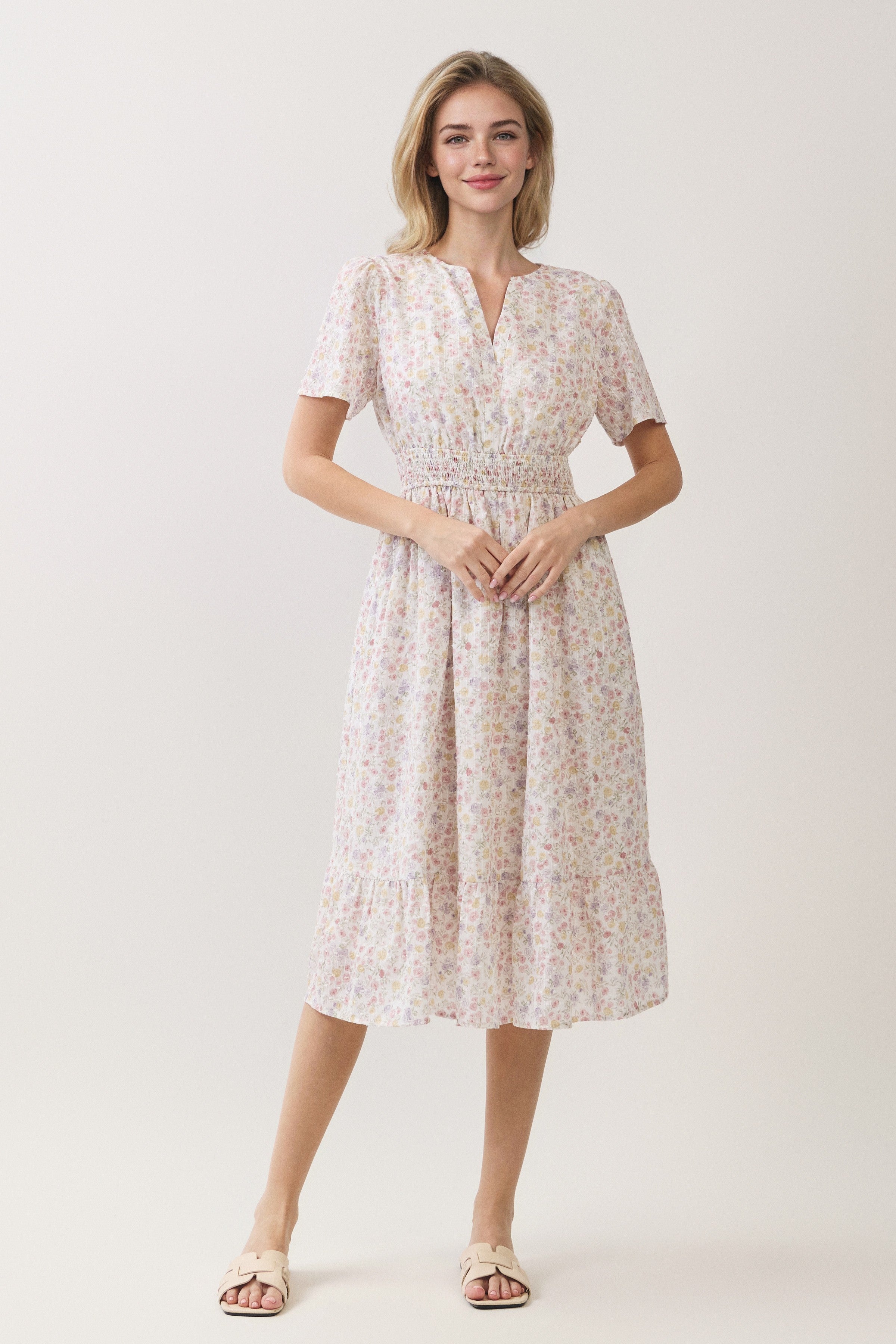 Ditsy Floral Smocked Waist Ruffle Hem Midi Dress