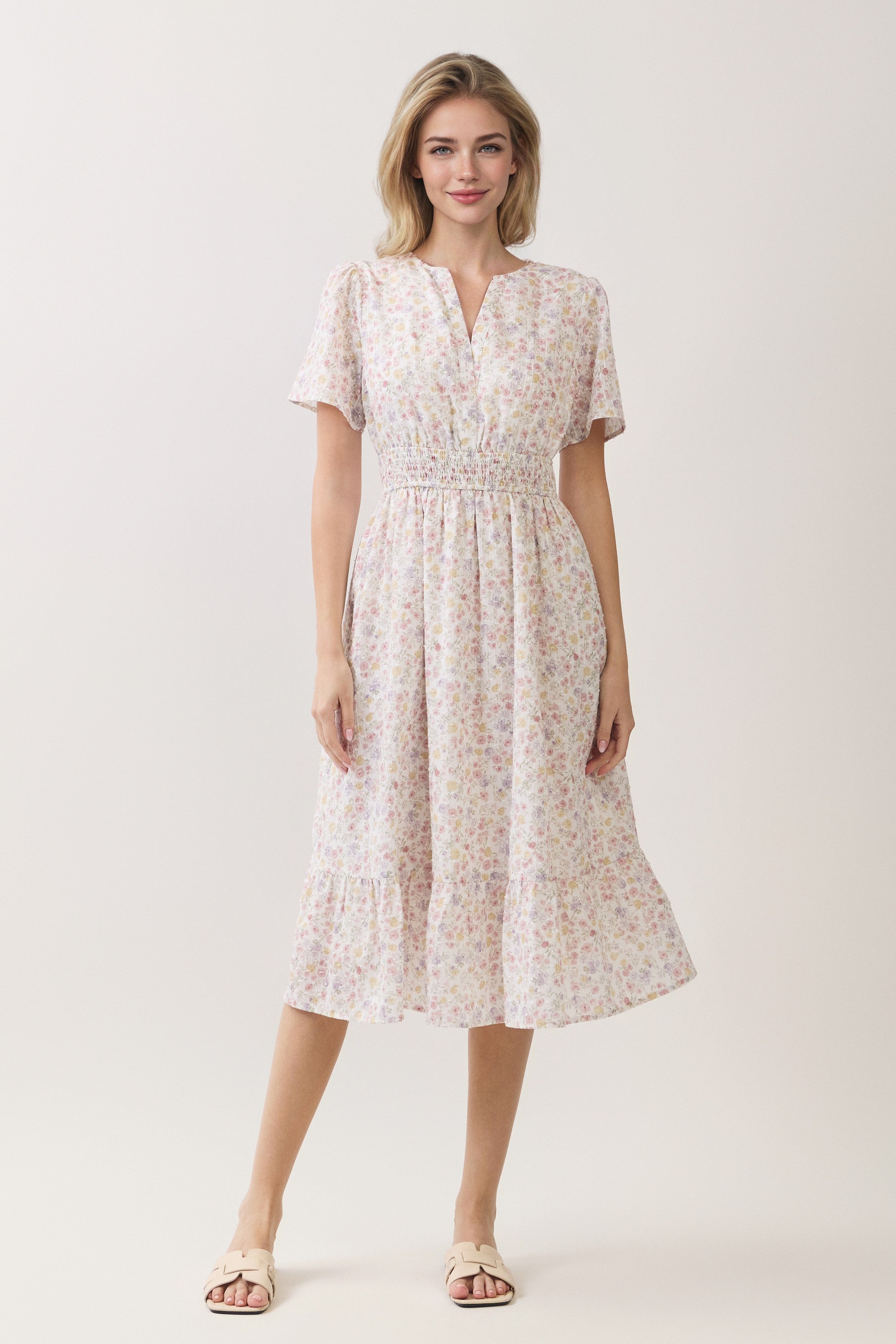Ditsy Floral Smocked Waist Ruffle Hem Midi Dress