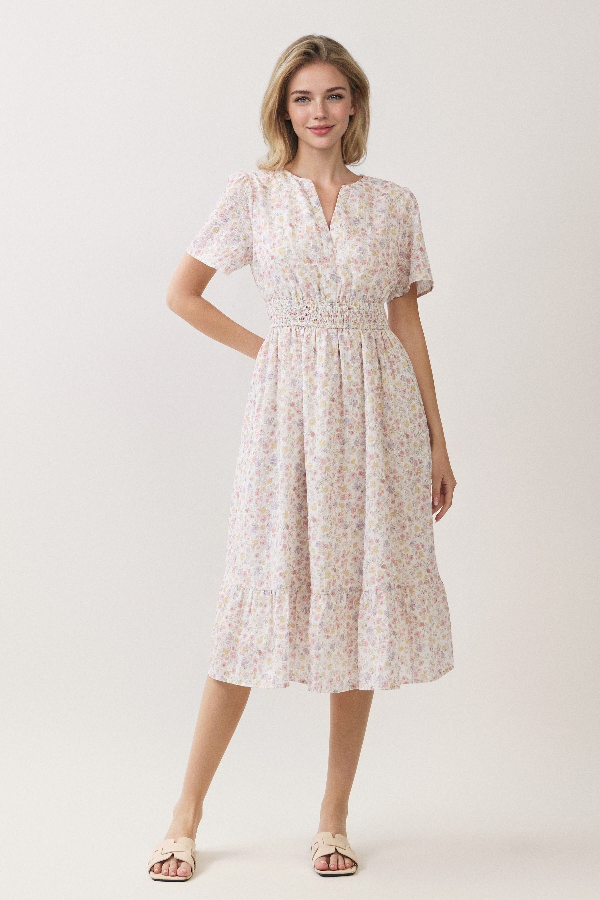 Ditsy Floral Smocked Waist Ruffle Hem Midi Dress