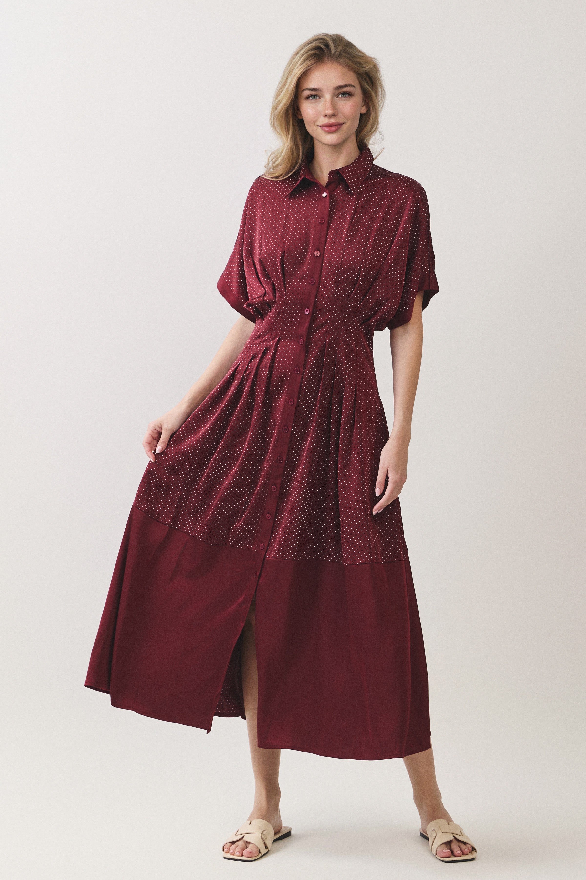 Polka Dot Pleated Waist Button Front Midi Dress