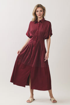 Polka Dot Pleated Waist Button Front Midi Dress
