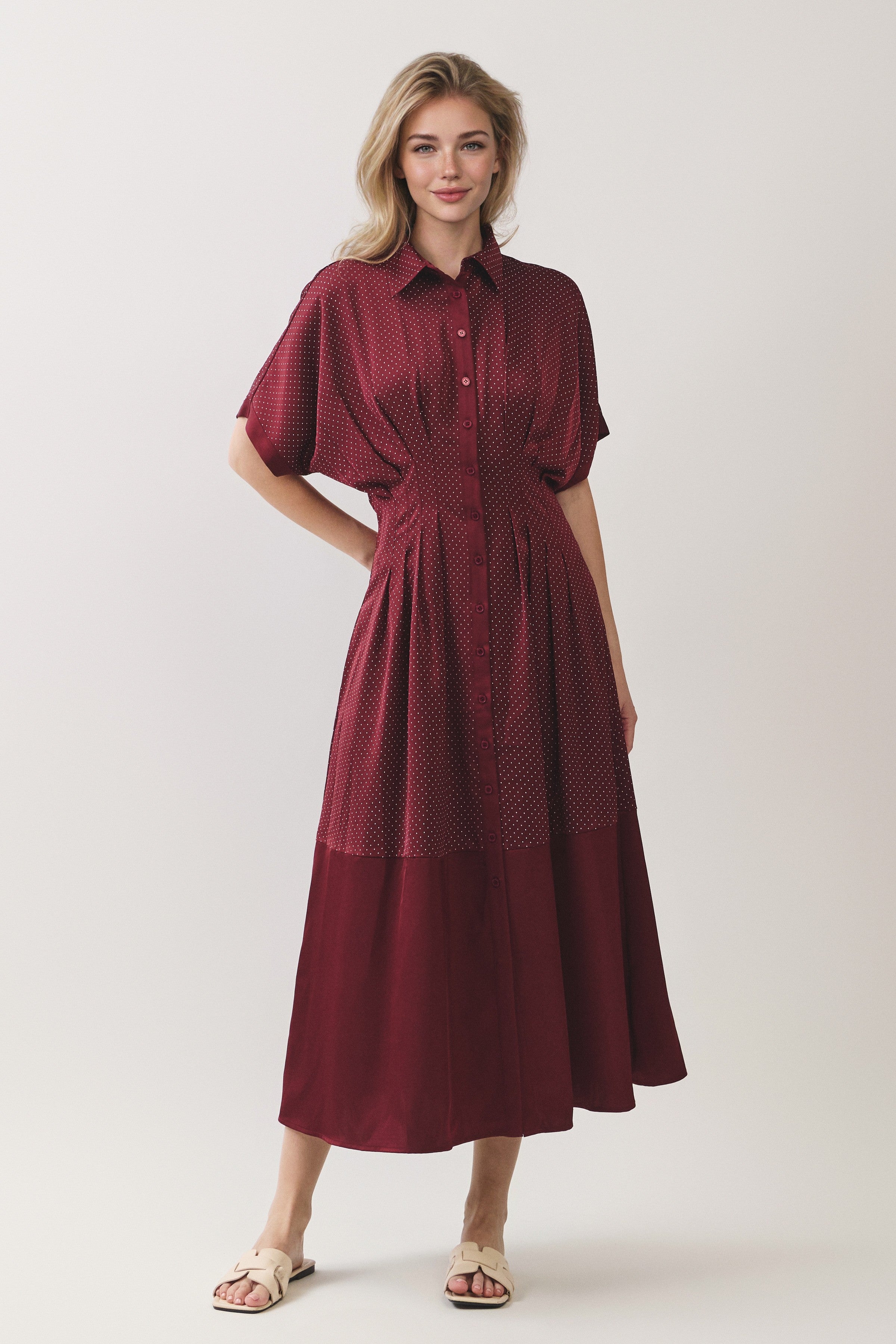 Polka Dot Pleated Waist Button Front Midi Dress