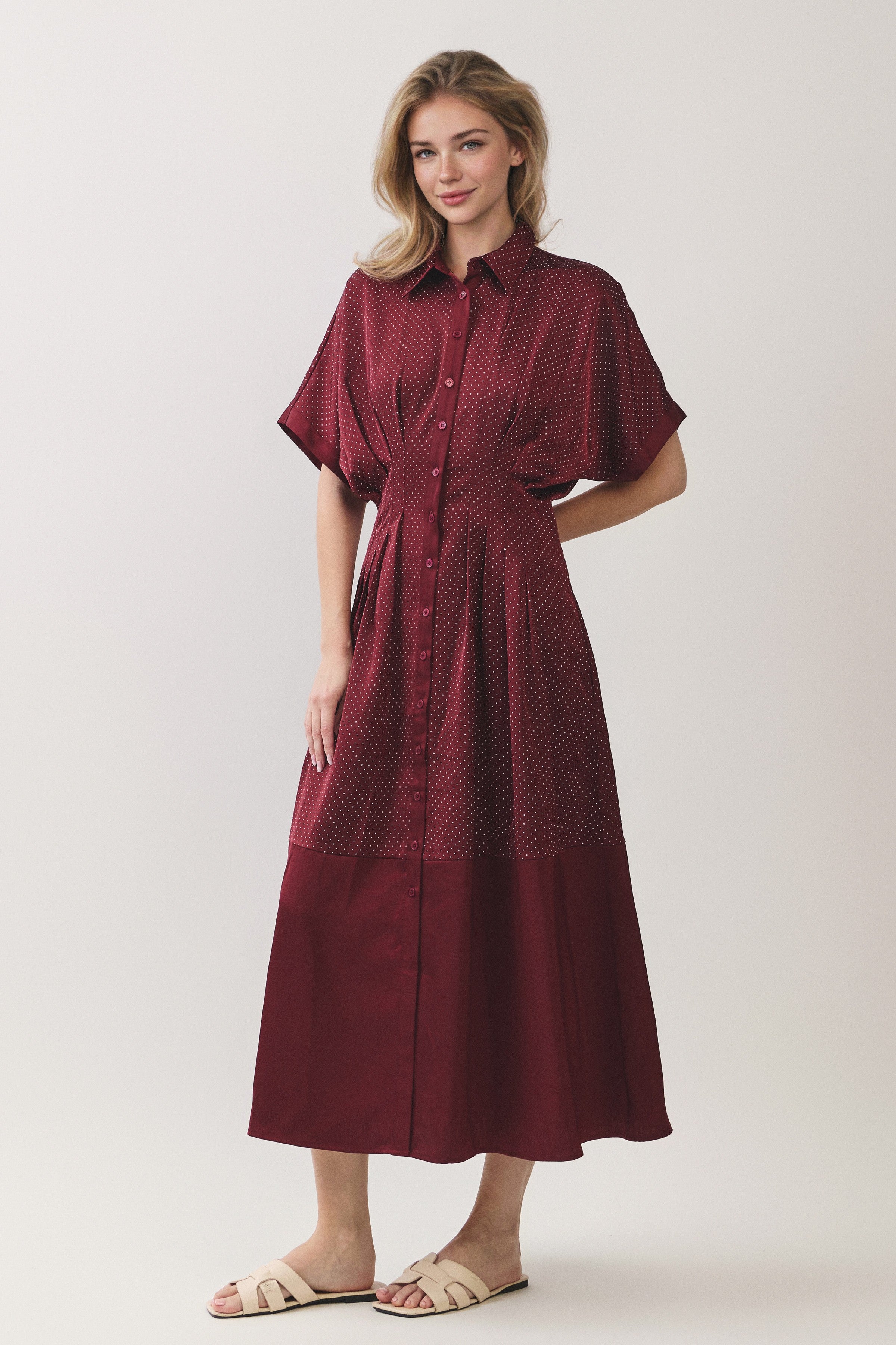 Polka Dot Pleated Waist Button Front Midi Dress