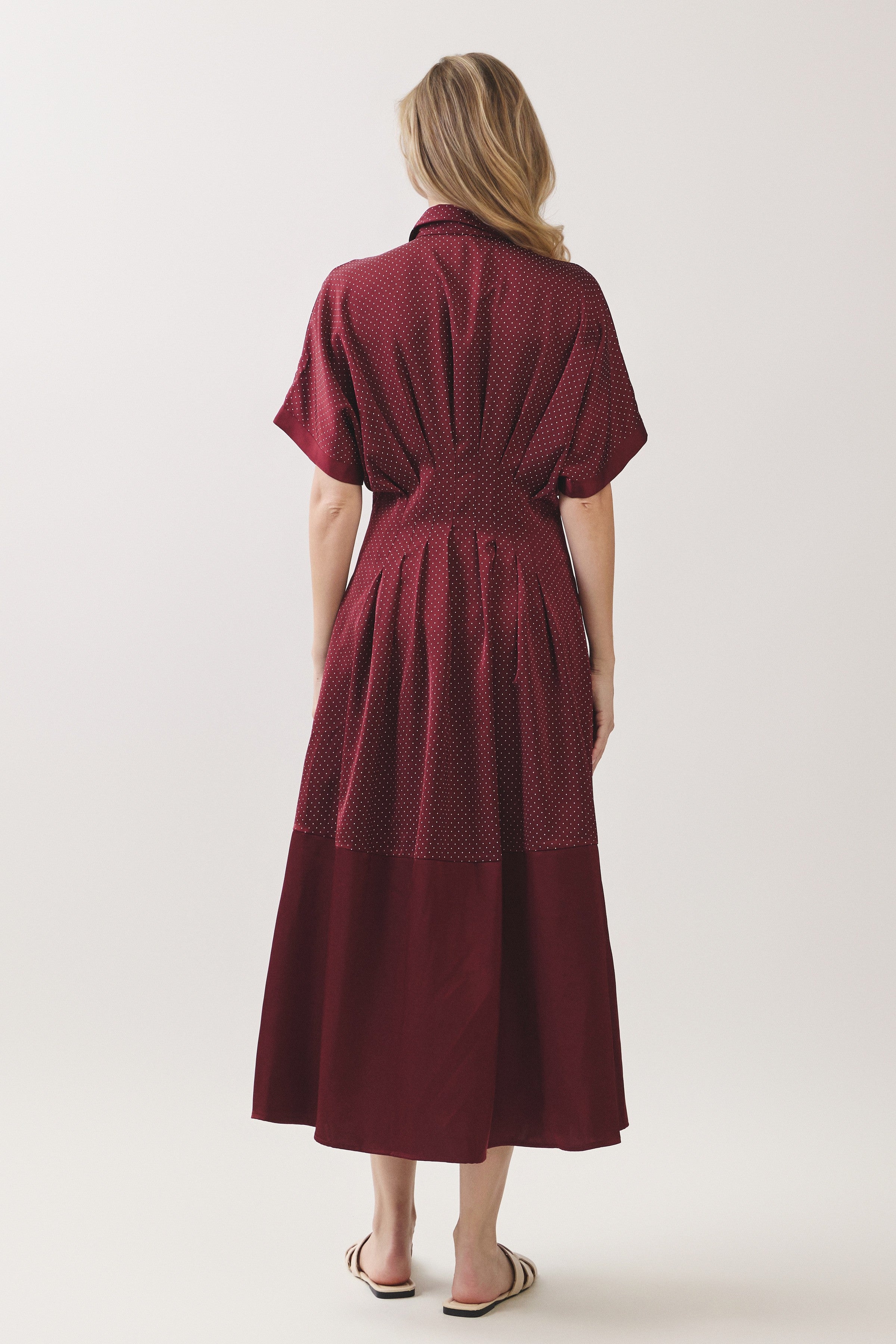 Polka Dot Pleated Waist Button Front Midi Dress