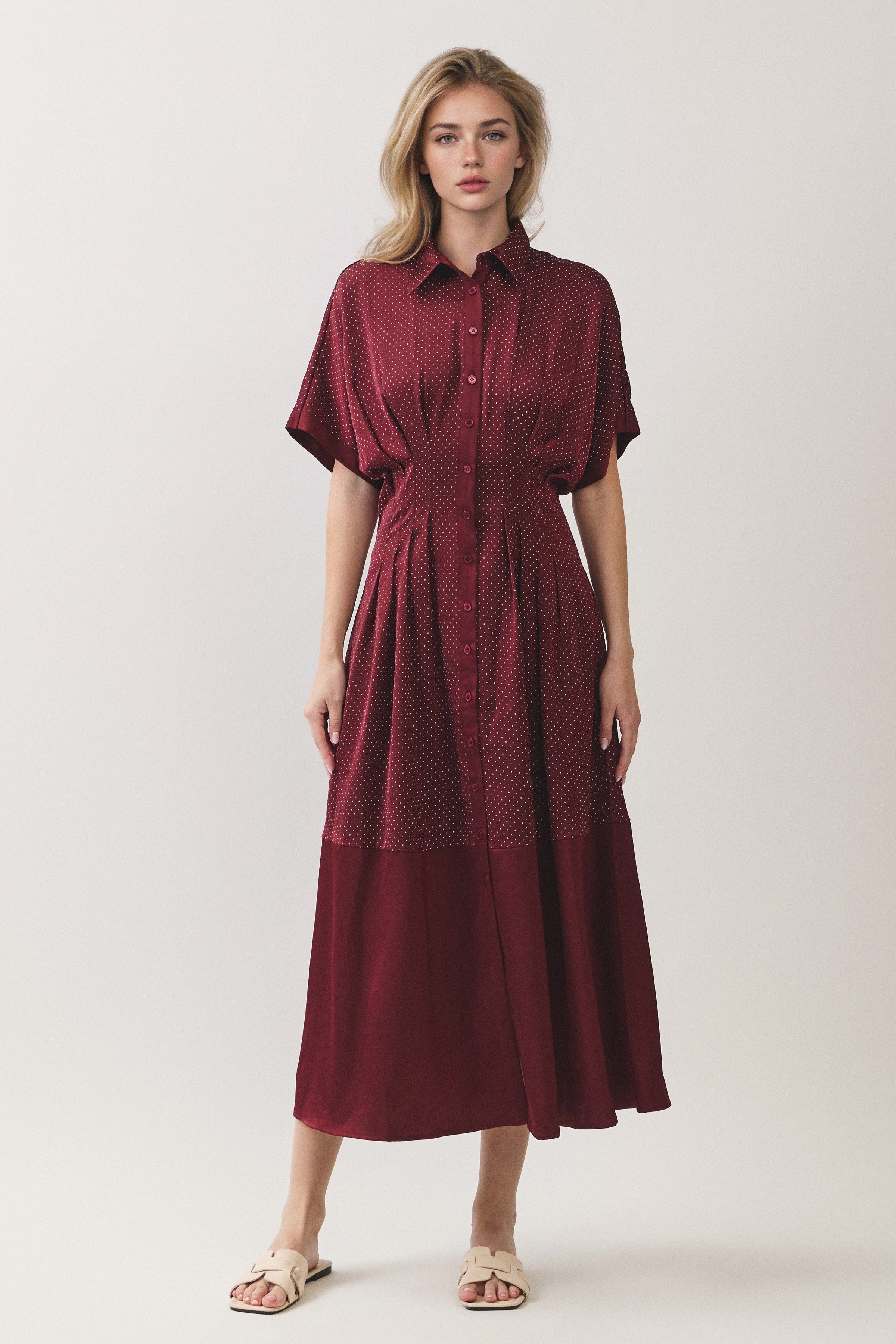 Polka Dot Pleated Waist Button Front Midi Dress