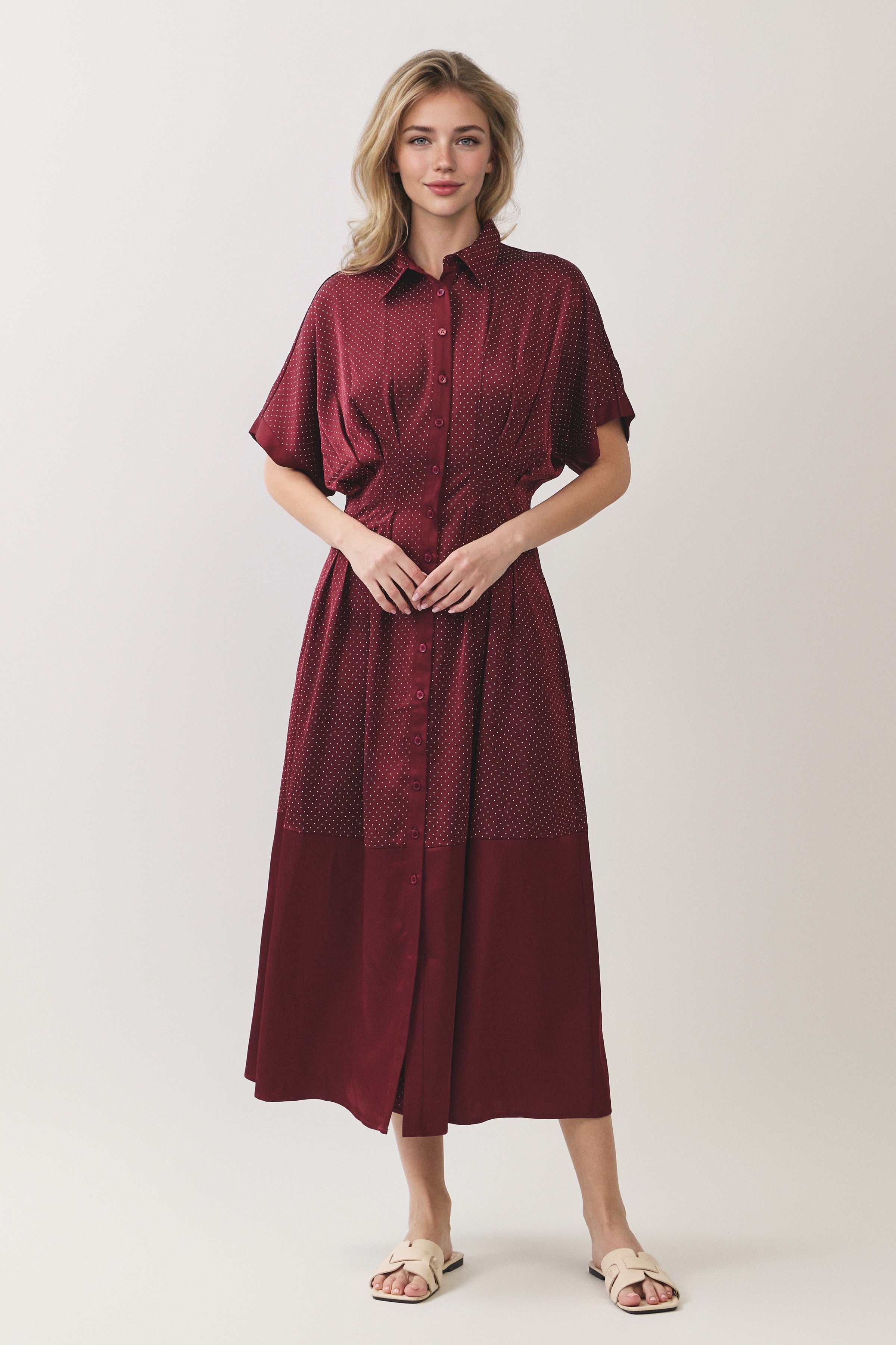 Polka Dot Pleated Waist Button Front Midi Dress