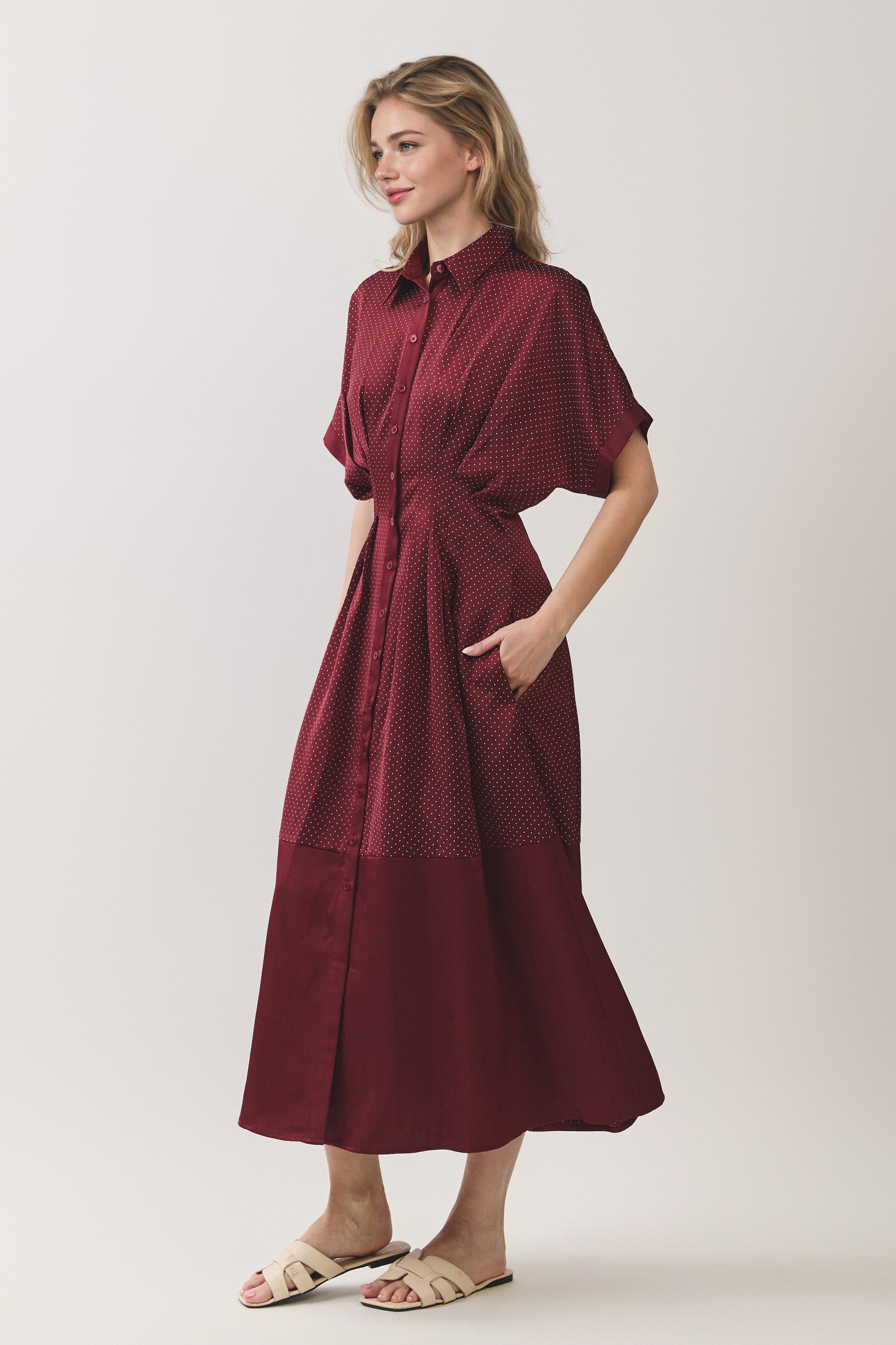 Polka Dot Pleated Waist Button Front Midi Dress