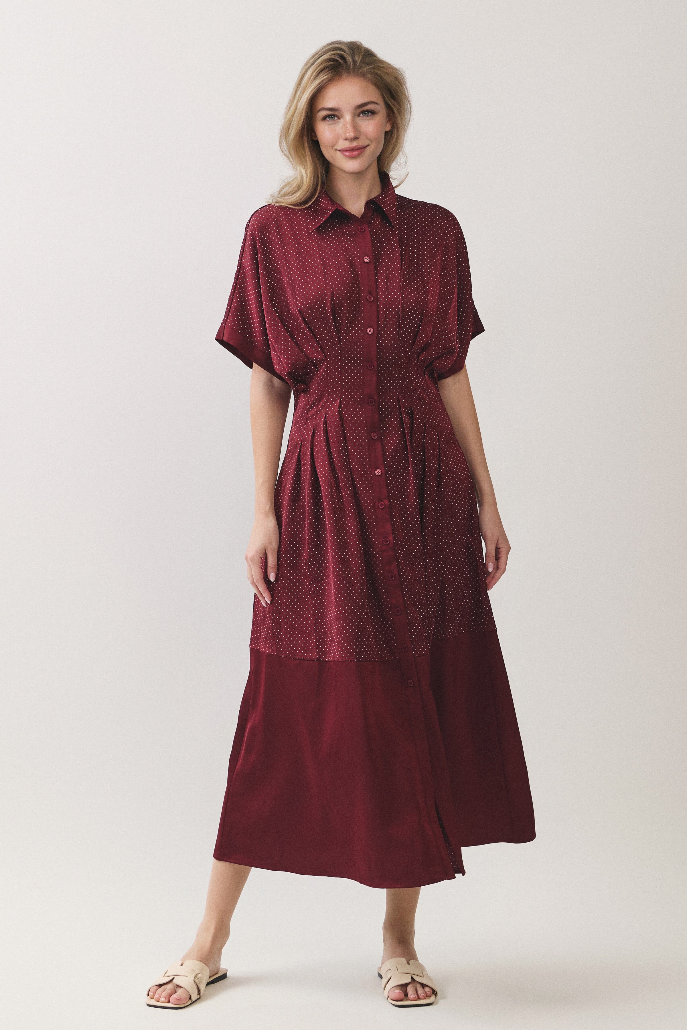 Polka Dot Pleated Waist Button Front Midi Dress