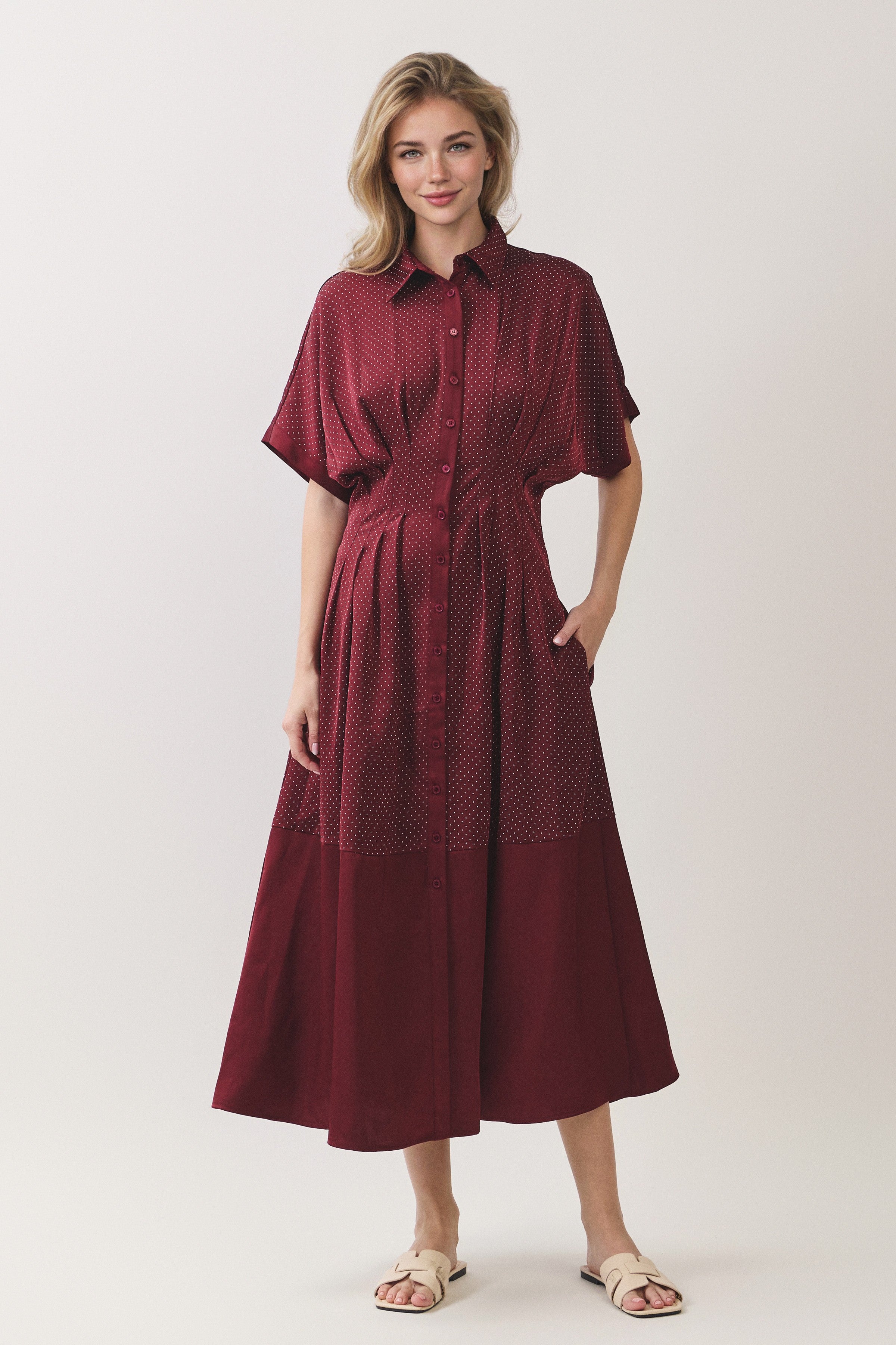 Polka Dot Pleated Waist Button Front Midi Dress