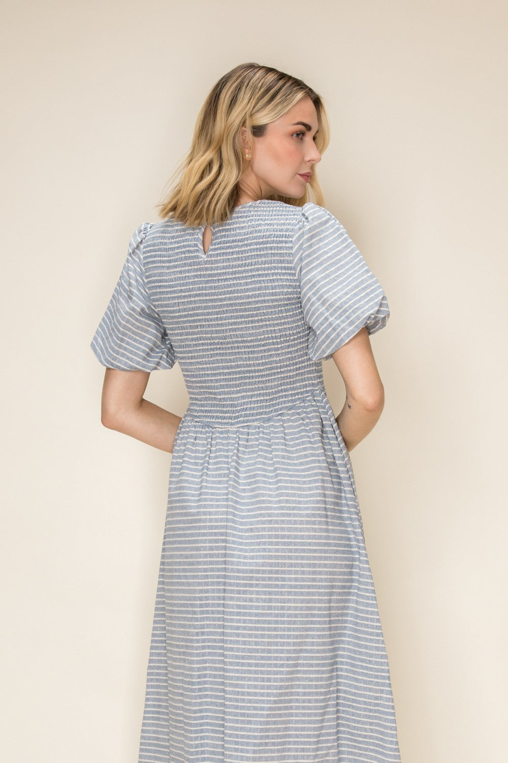 Striped Smocked Bodice Puff Sleeve Midi Dress