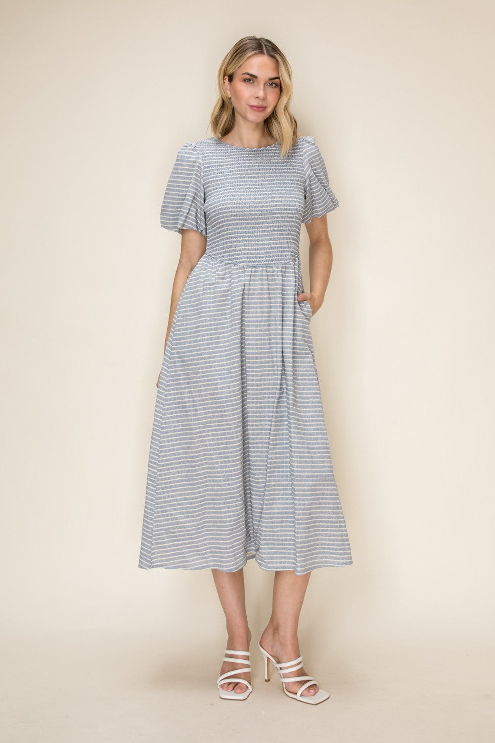 Striped Smocked Bodice Puff Sleeve Midi Dress