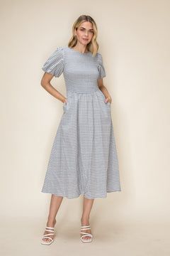 Striped Smocked Bodice Puff Sleeve Midi Dress
