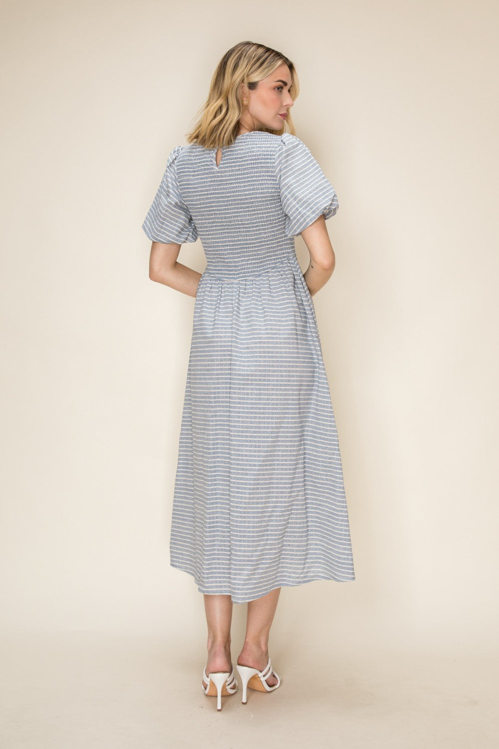 Striped Smocked Bodice Puff Sleeve Midi Dress